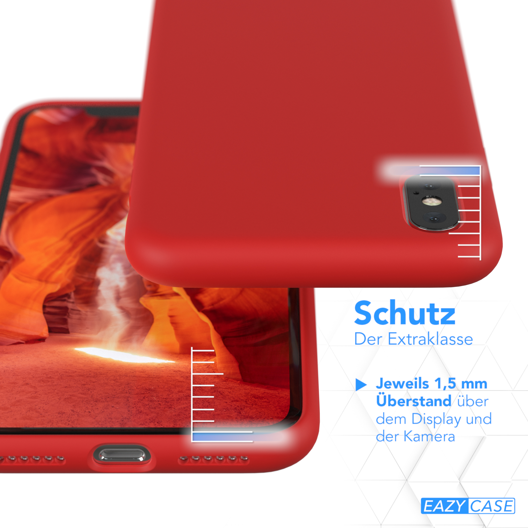Eine rote Handyhülle und ein Telefon, die Hülle befindet sich über dem Telefon. Es gibt eine Schutzbeschreibung.