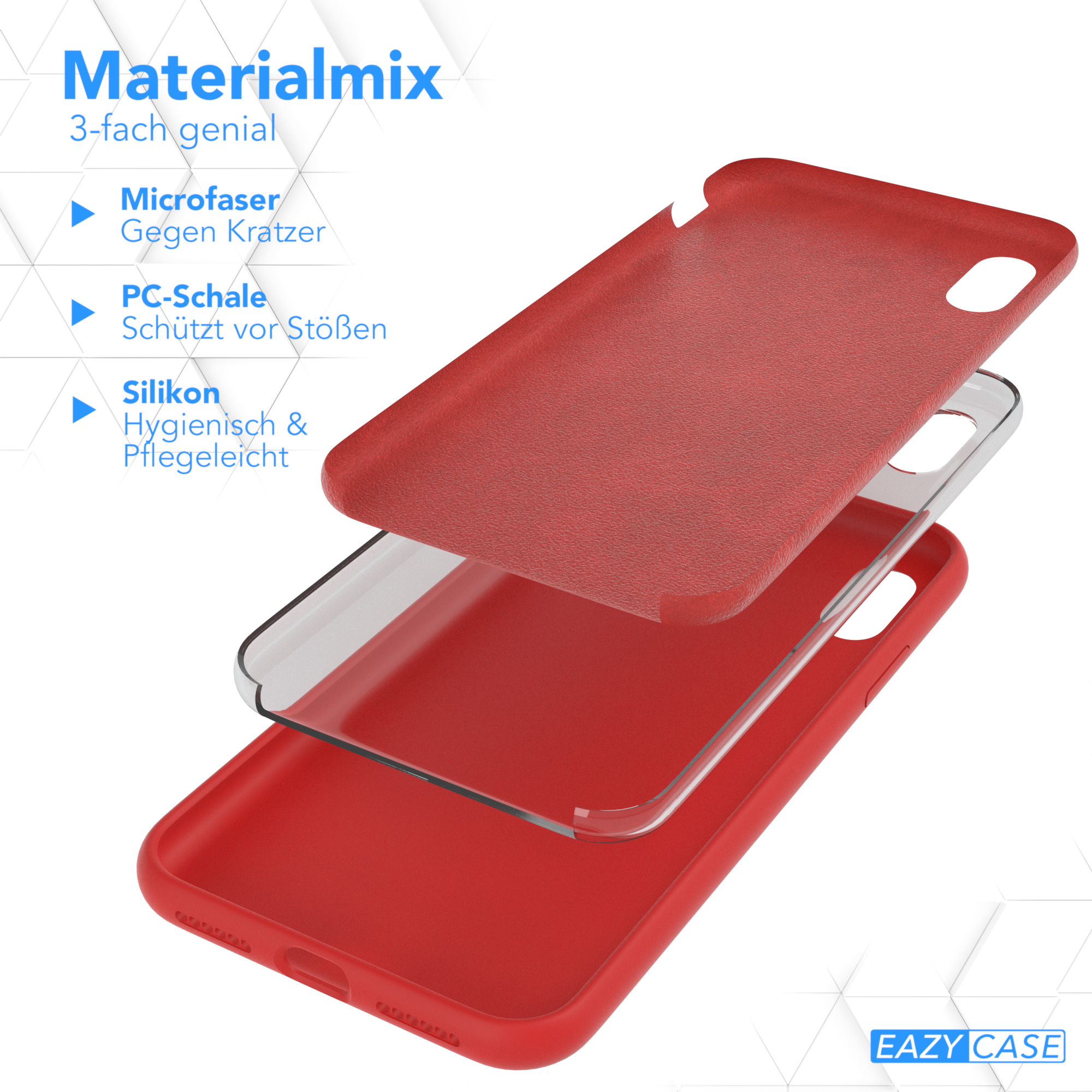 Handyhüllen-Schichten: rote PC-Schale, klares Silikon und Mikrofaser, Materialmix und Vorteile zeigend.