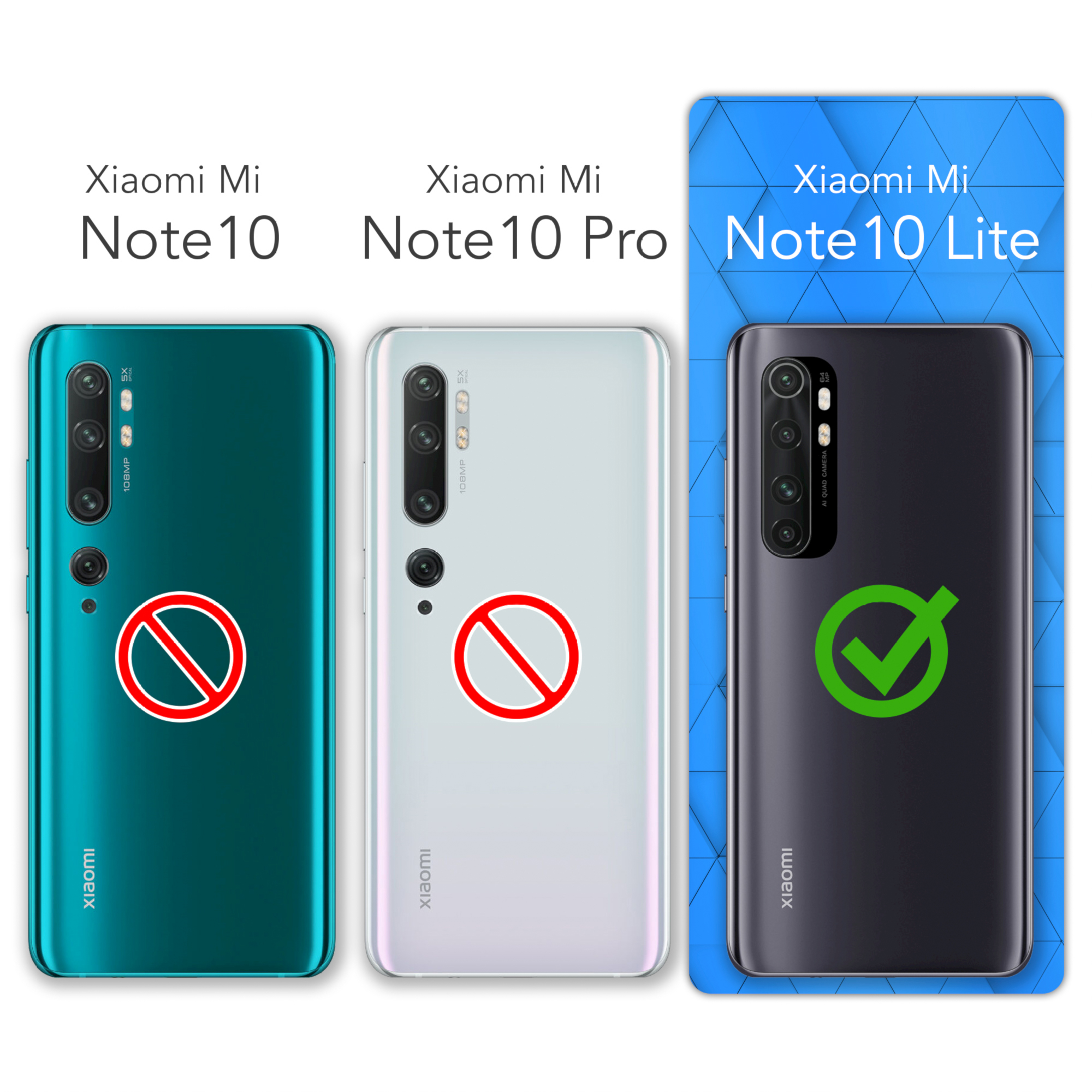 Drei Xiaomi-Telefone: Note10 (verboten), Note10 Pro (verboten) und Note10 Lite (genehmigt).