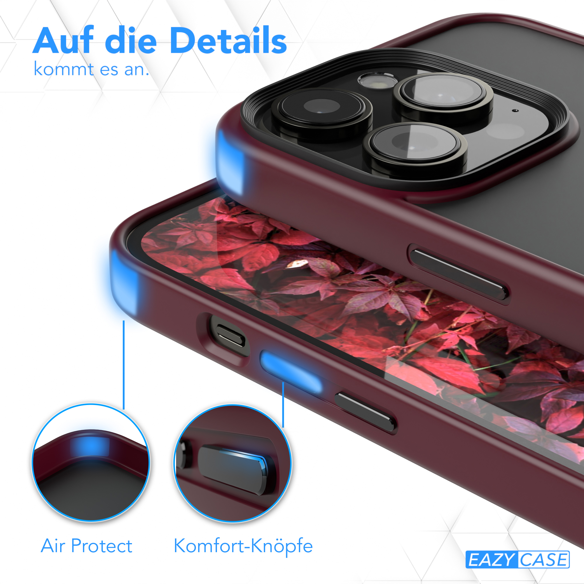 Nahaufnahme einer Handyhülle mit Details wie Air Protect und Komfort-Knöpfen.