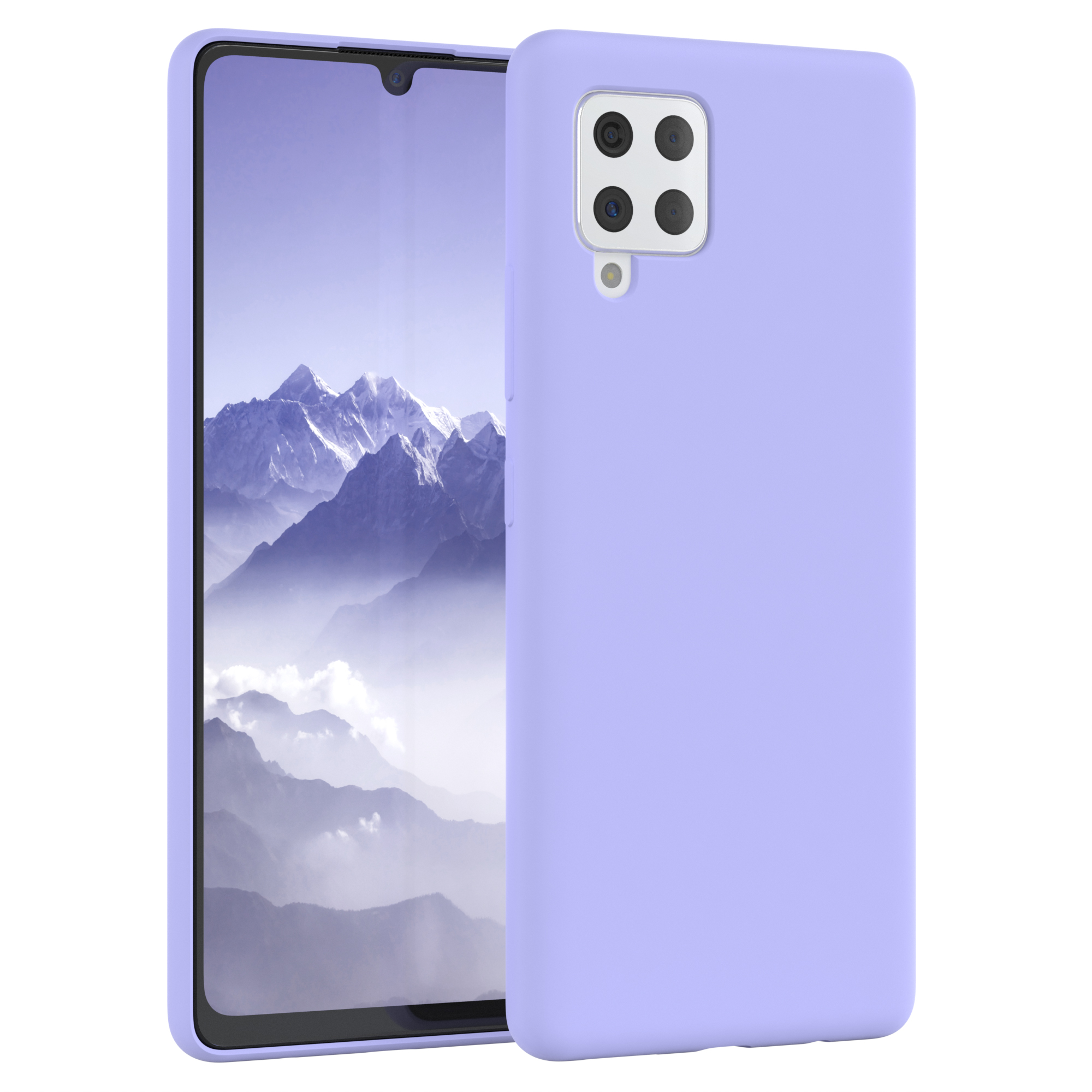 Lila Telefon in lila Hülle. Telefon zeigt einen Berg Hintergrund.
