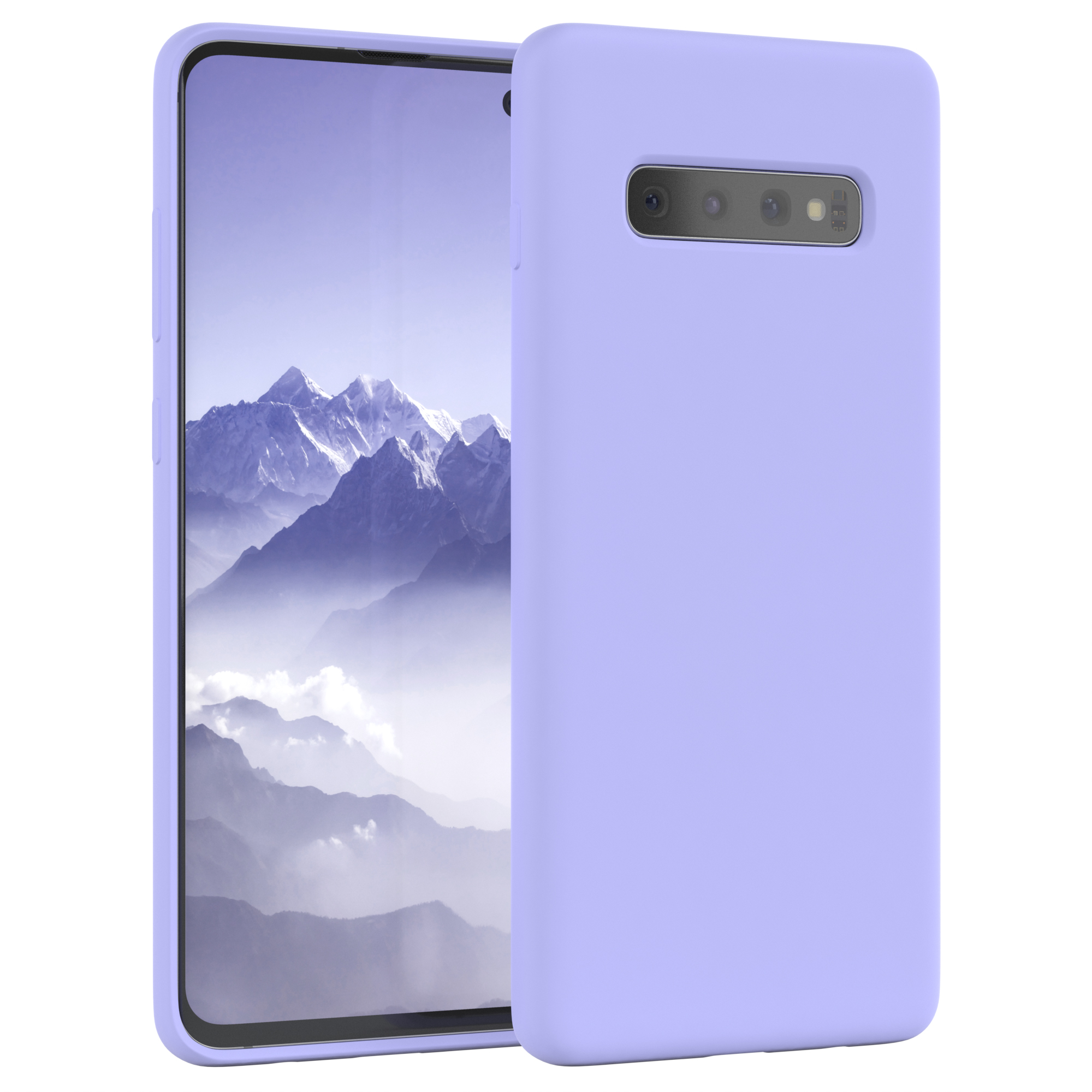 Lila Handyhülle mit einem Telefon, das eine Berglandschaft im Hintergrund zeigt.