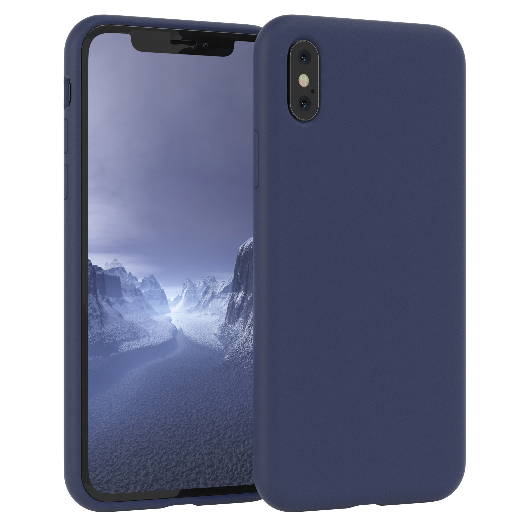 Dunkelblaues Telefon mit dunkelblauer Hülle. Der Bildschirm zeigt einen schneebedeckten Berg. Der Hintergrund ist eine Winterlandschaft.