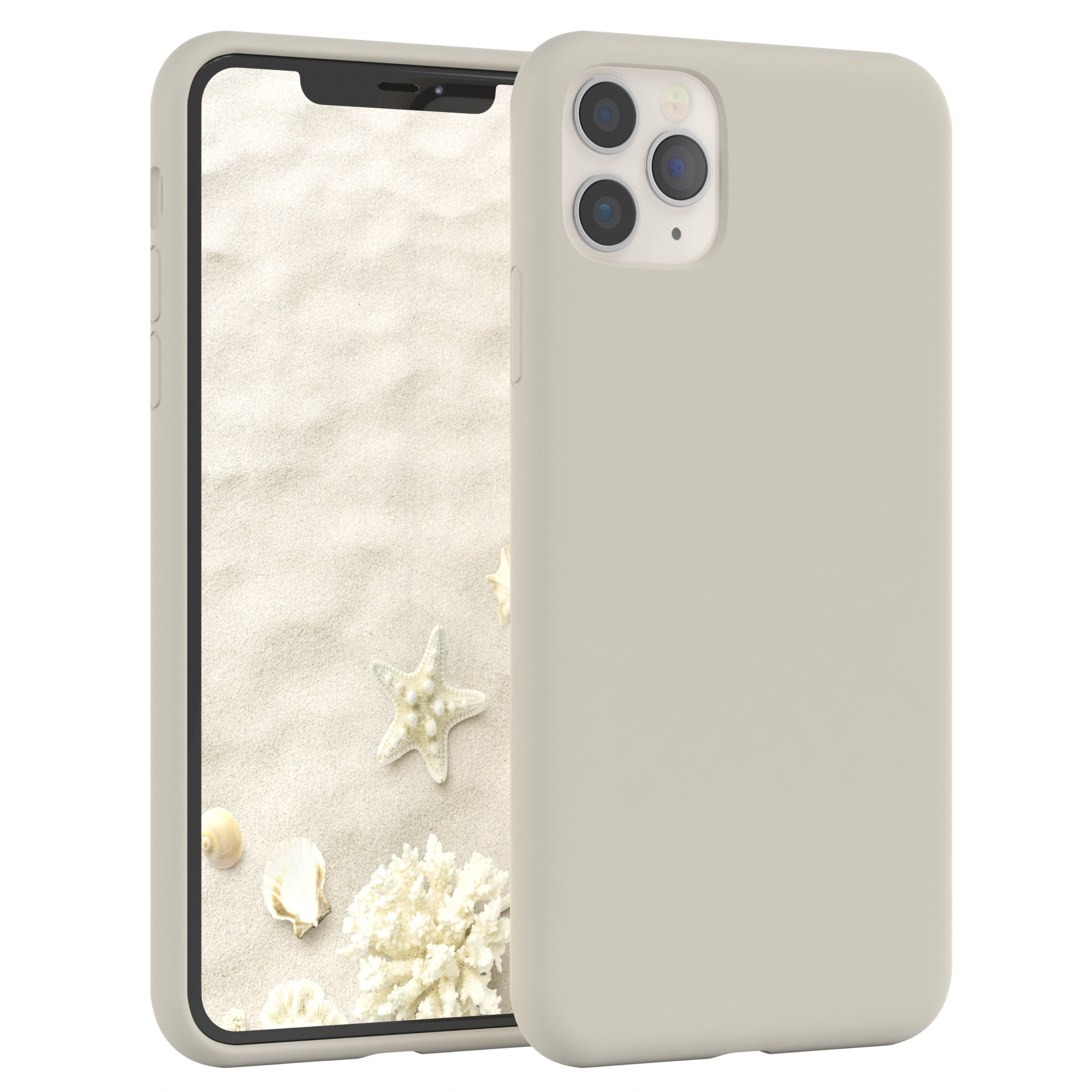 Telefon in beiger Hülle, Strandszene auf dem Bildschirm mit Seesternen und Muscheln.