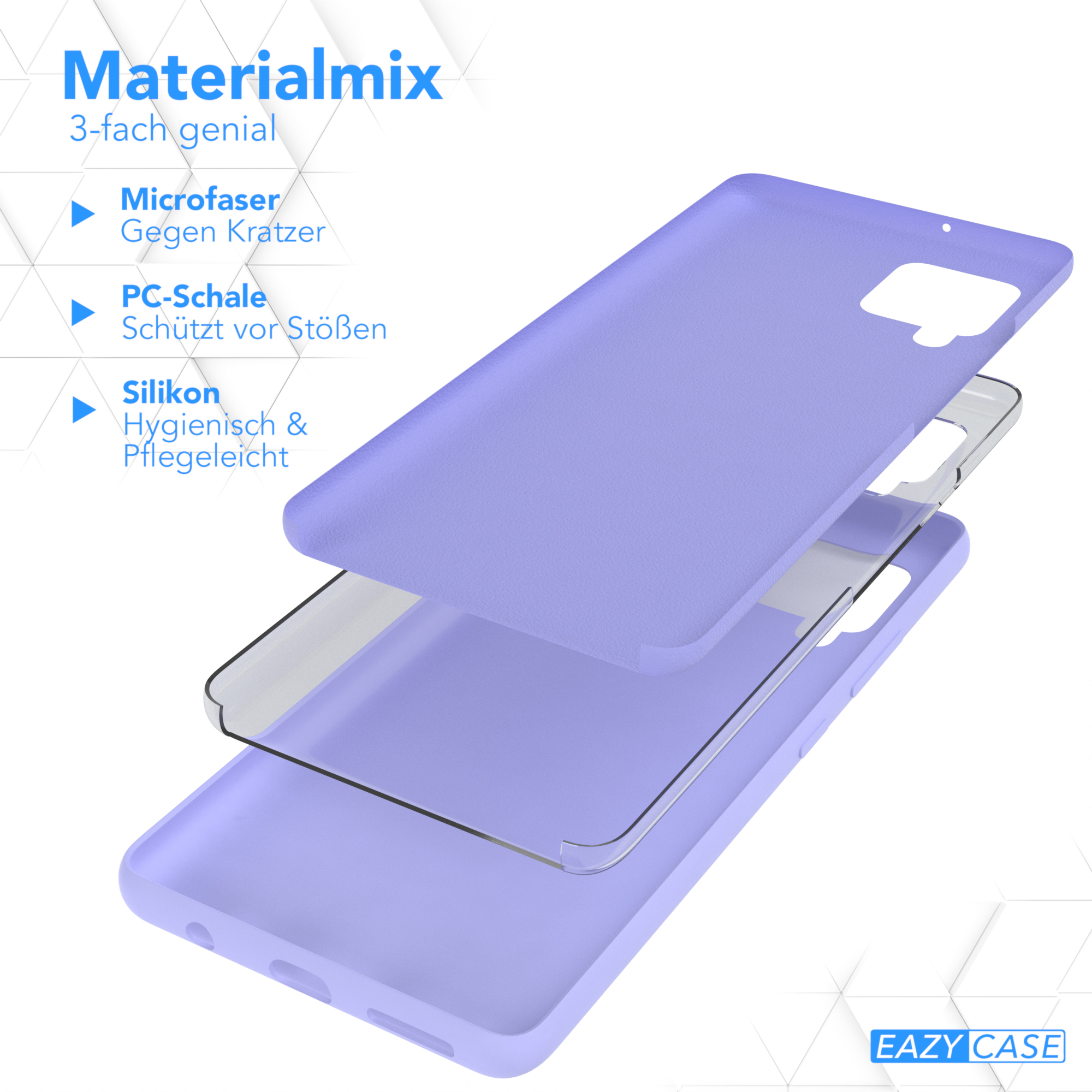 Lila Handyhülle Schichten: Mikrofaser, PC-Schale und Silikon.