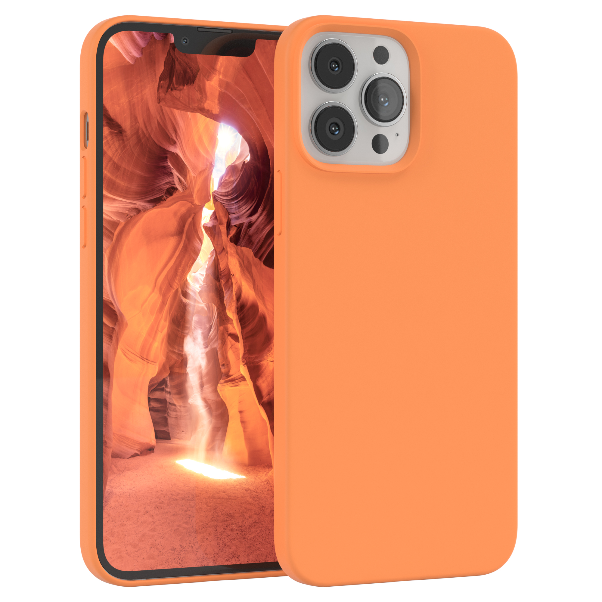 Orangefarbene Handyhülle. Das Telefon hat einen bunten Hintergrund.