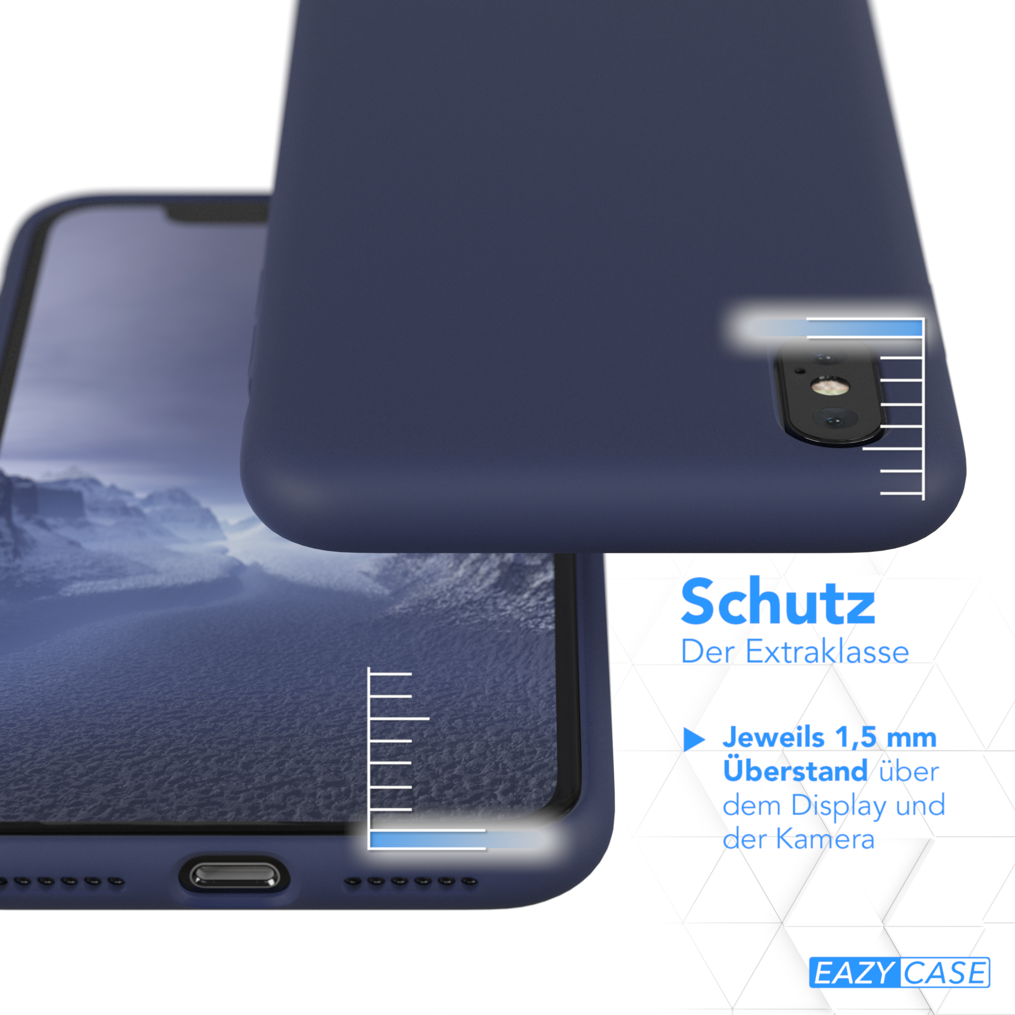 Blaue Handyhülle, mit teilweise eingelegtem Telefon, mit Maßangaben, weißer Hintergrund.