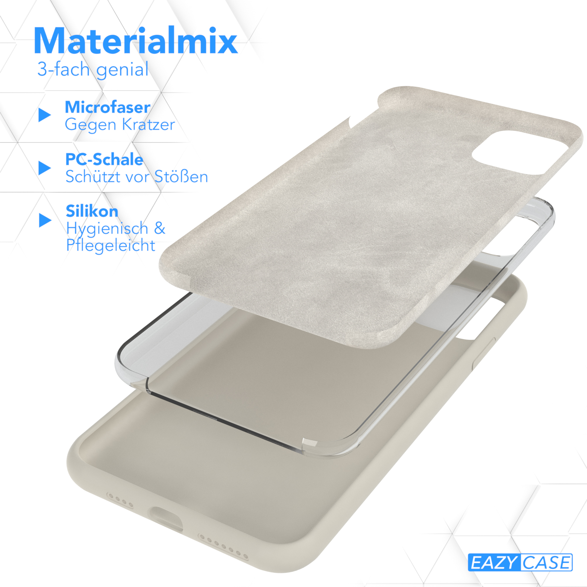 Eine mehrschichtige Handyhülle mit beigem Farbschema und Textbeschriftungen zu Materialarten.