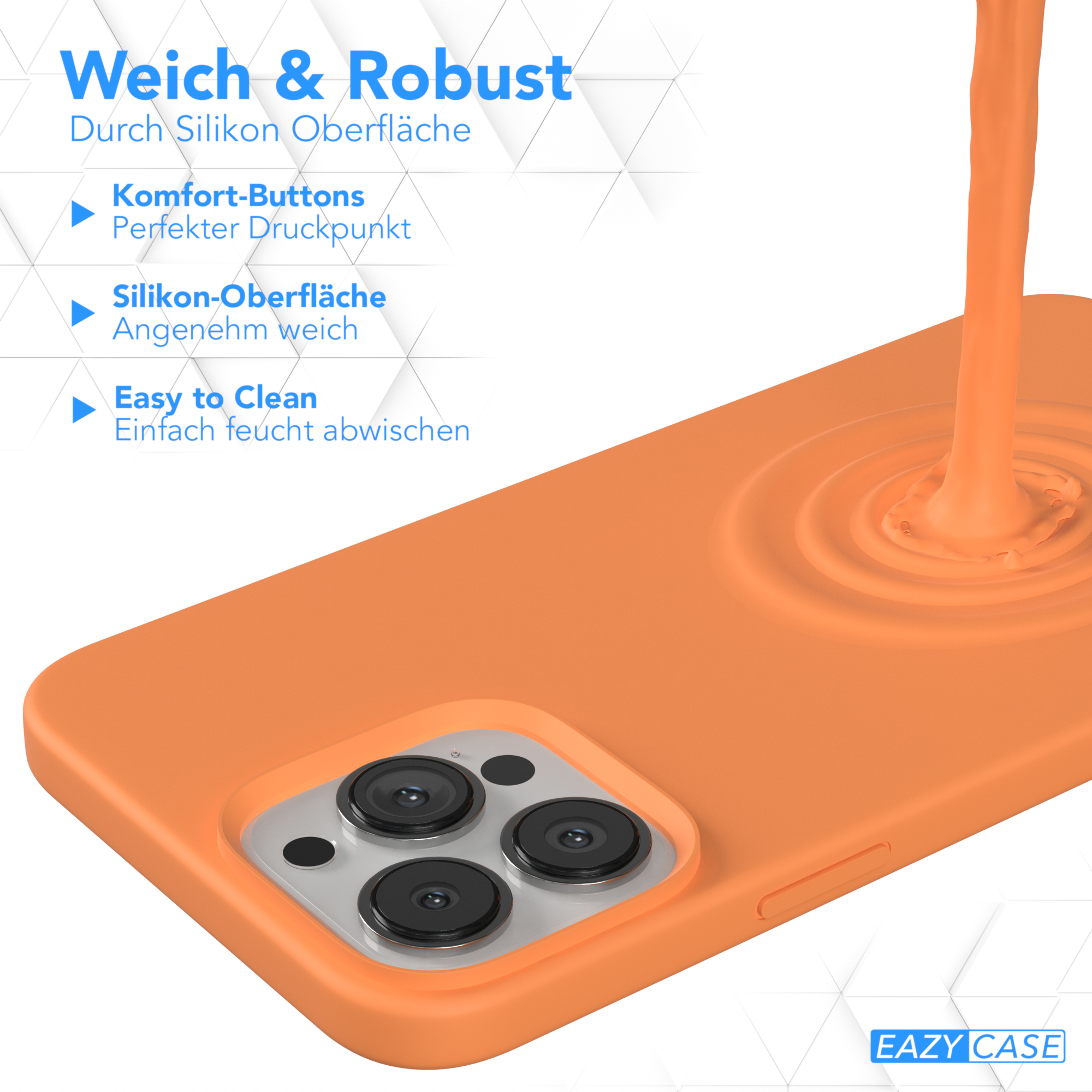 Orange Handyhülle, Flüssigkeit fließt darauf. Die Hülle hat eine geschwungene Form, Text 'EAZY CASE'.
