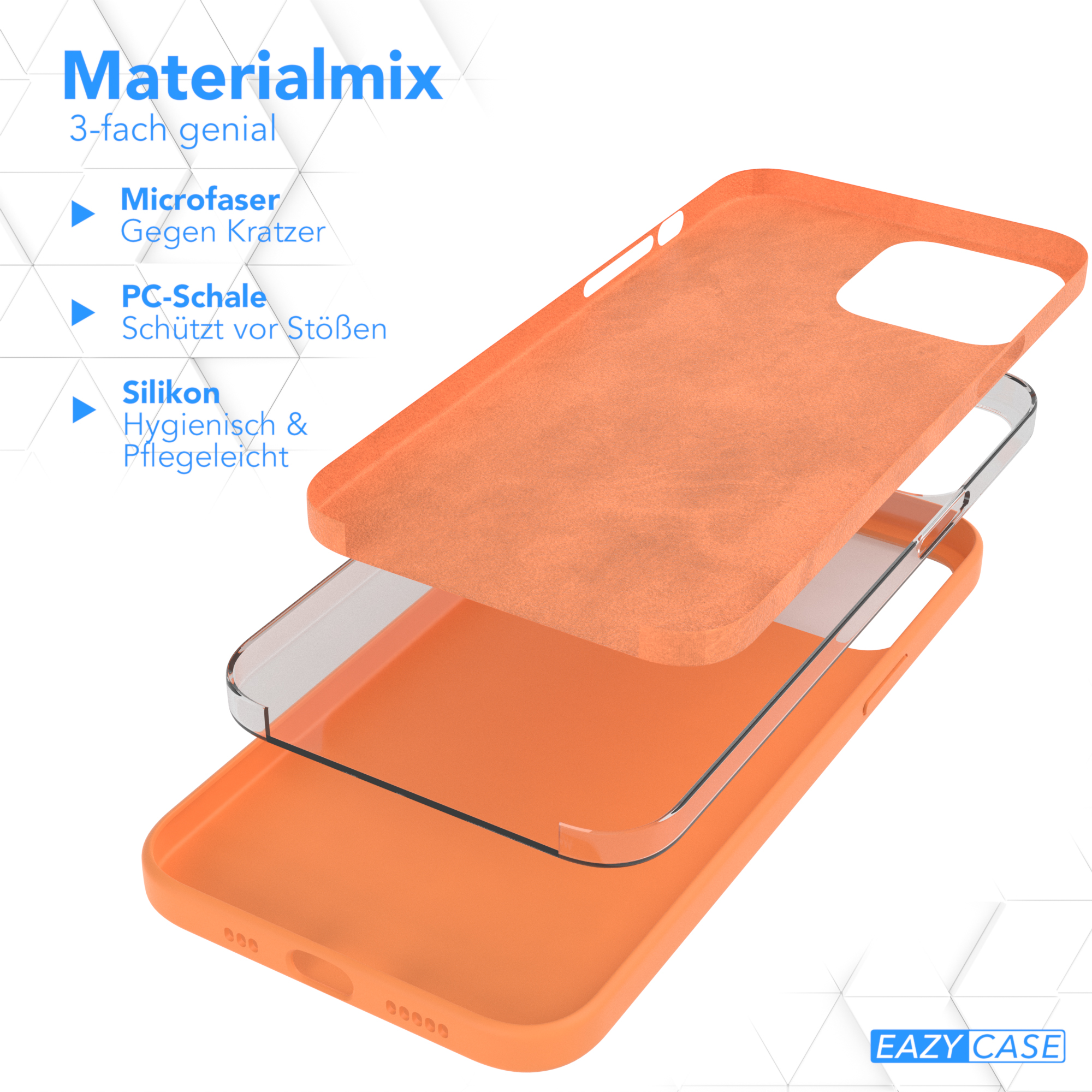Drei Schichten aus orangen Handyhüllen-Komponenten, die Mikrofaser, PC-Schale und Silikon zeigen.
