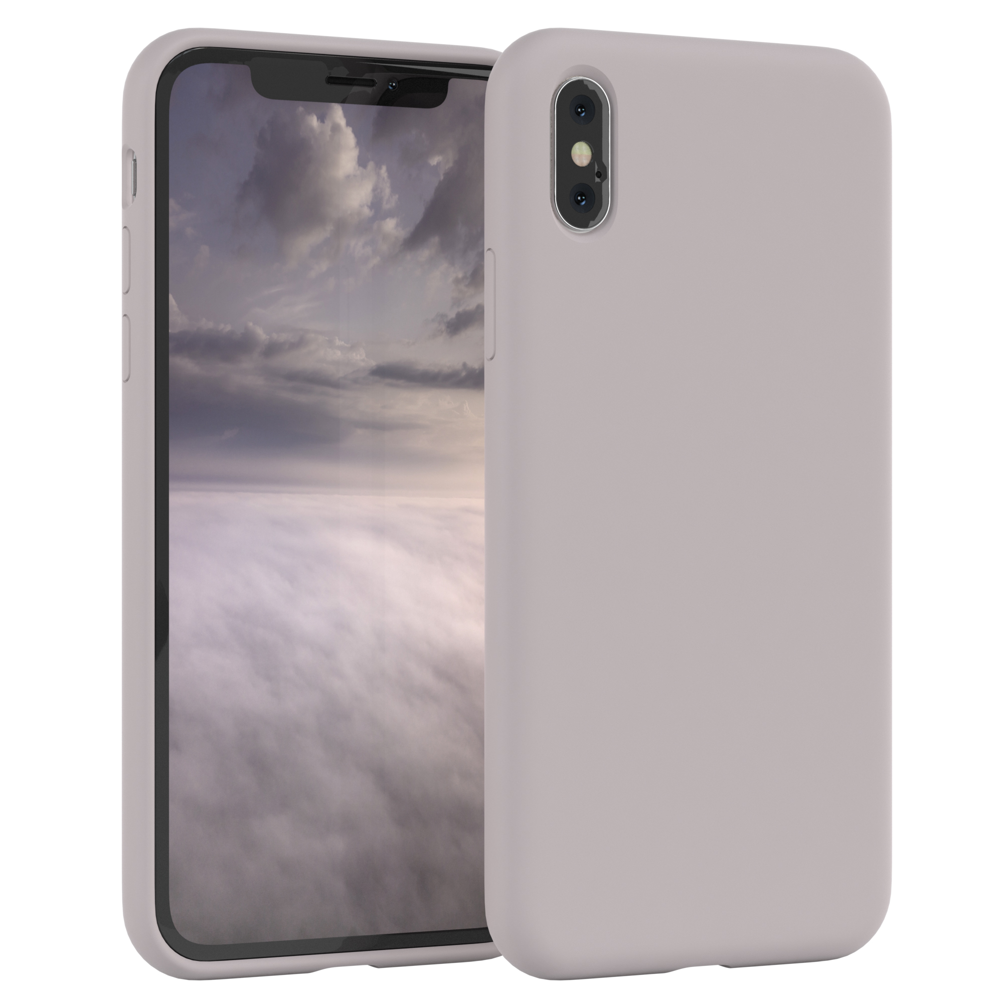Ein Smartphone mit rosa Hülle. Der Bildschirm zeigt einen bewölkten Himmel über nebligem Gelände.