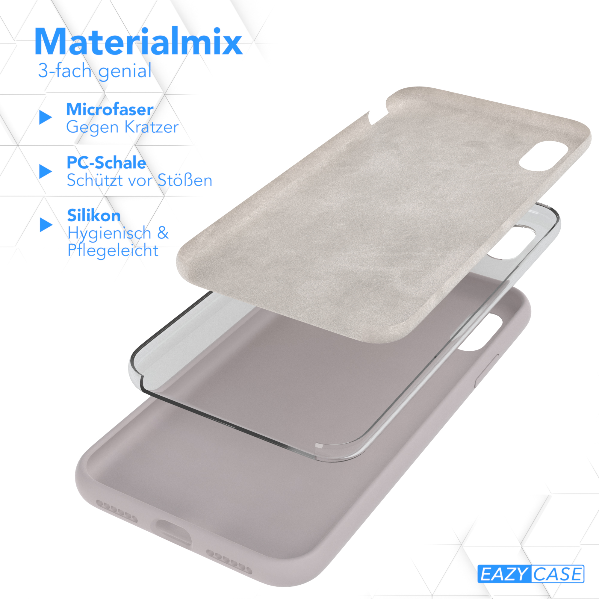 Handyhüllen-Schichten: Mikrofaser, PC-Schale und Silikon. Text: Materialmix.