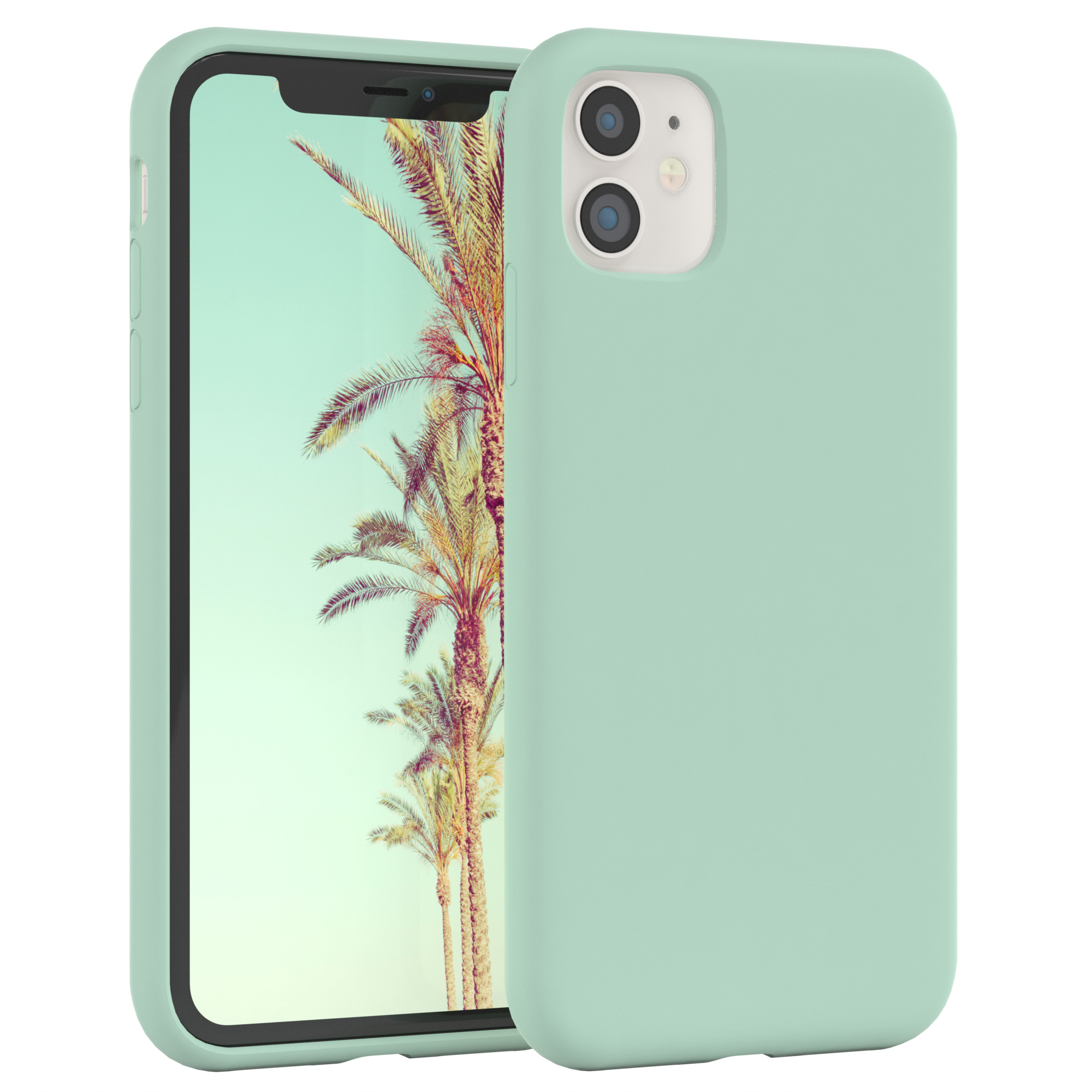 Ein Telefon mit grüner Hülle und einem Palmen-Hintergrundbild.