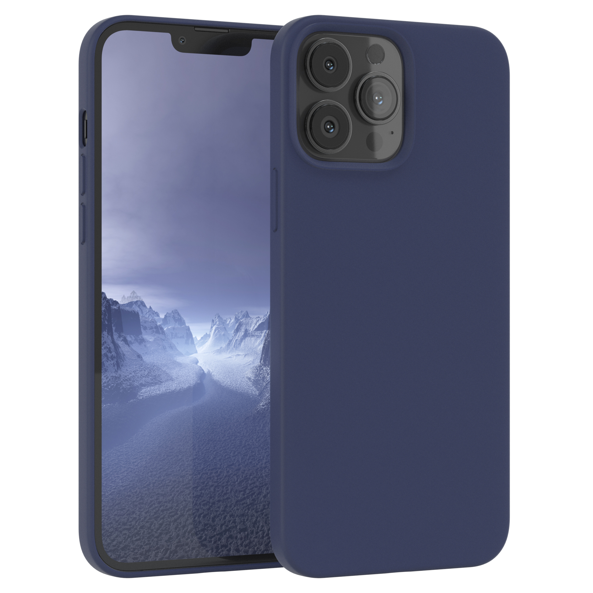 Dunkelblaue Handyhülle. Telefon sichtbar, mit Dreifachkamera.