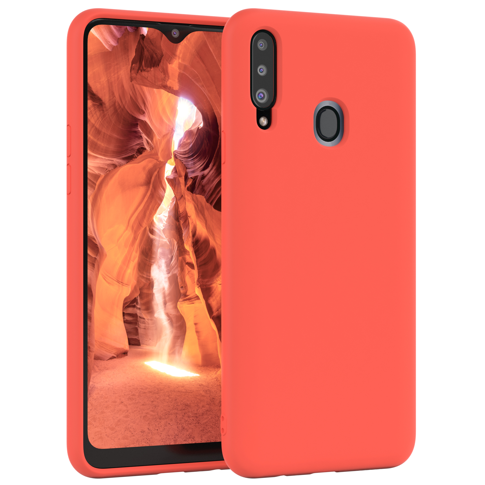 Rote Handyhülle mit einem Telefon. Das Telefon zeigt eine Schluchtszene und hat drei Kameras.