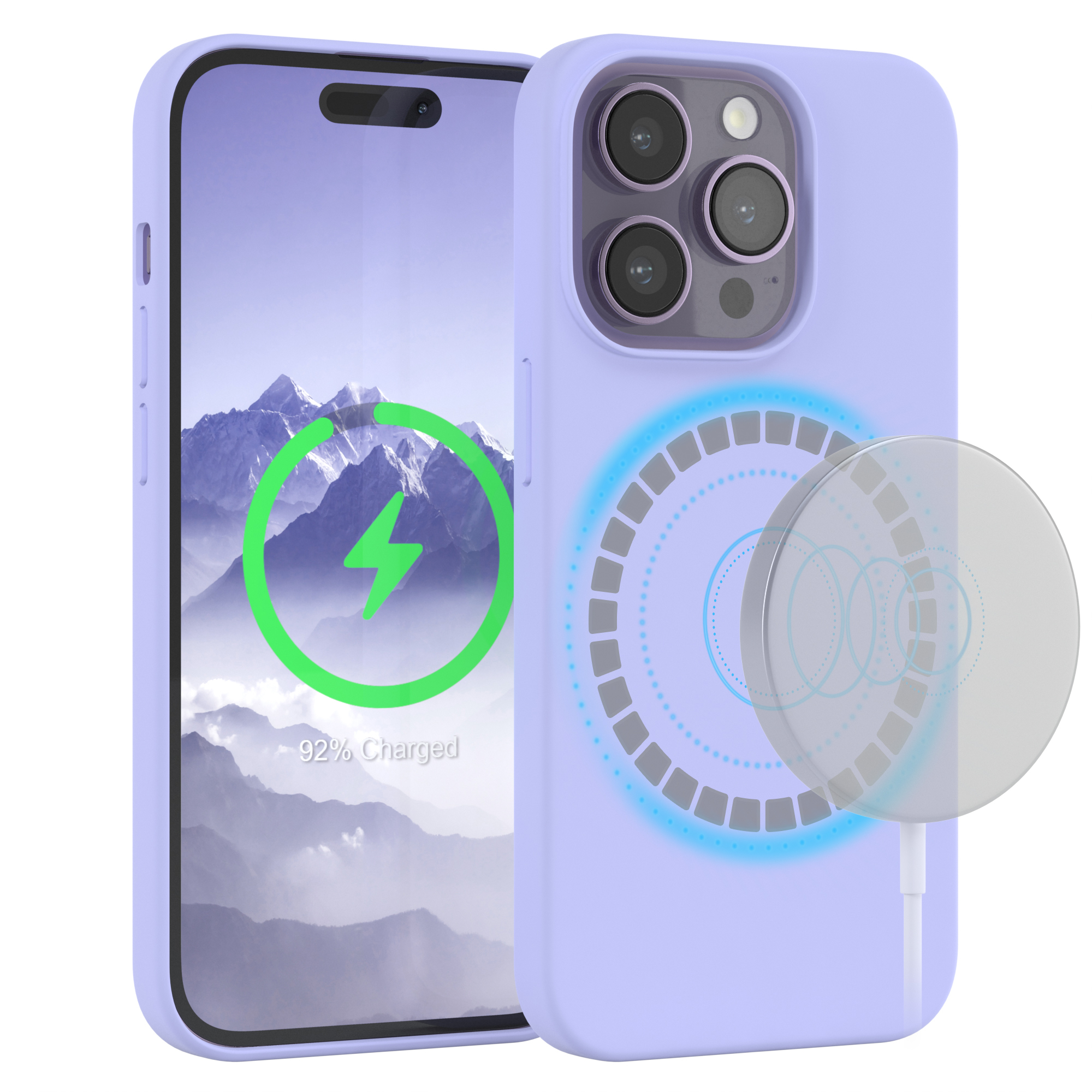 Lila Handyhülle mit Ladepad und Telefon, das eine Ladeanzeige zeigt. Das Telefon ist zu 92 % geladen.