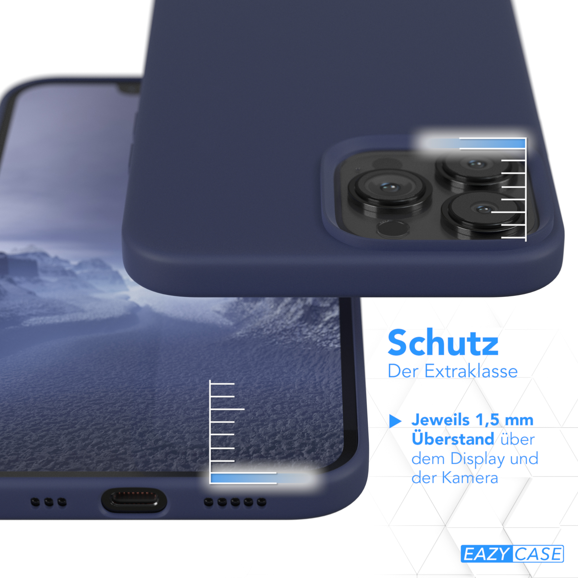 Ein Telefon mit dunkelblauem Gehäuse, das die Kamera und die Rückseite zeigt. Der Text besagt 1,5 mm über Display/Kamera.