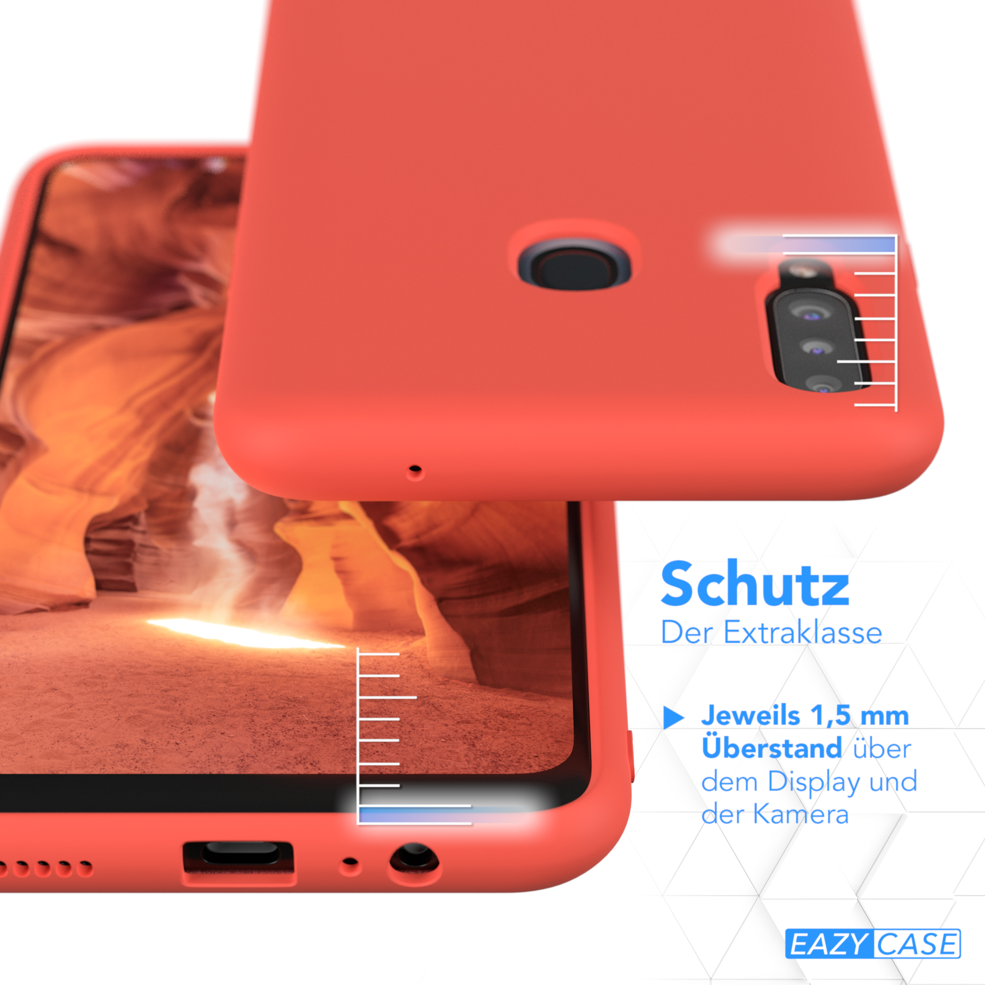 Rote Handyhülle auf Telefon. Text hebt 1,5 mm über Display und Kamera hervor.