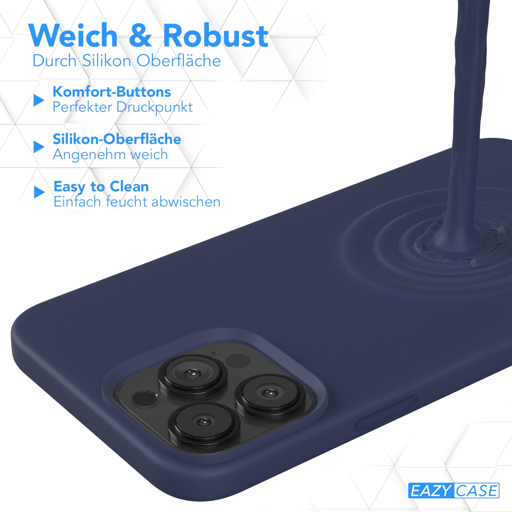 Nahaufnahme einer blauen Handyhülle mit Kameraausbuchtung und Wassergusseffekt.