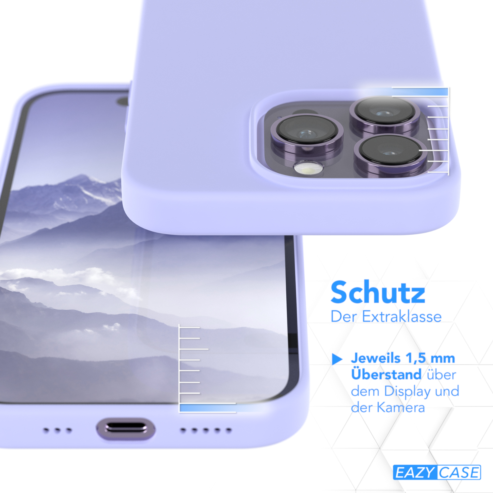 Eine lila Handyhülle auf einem Telefon, das die Kamera und den Bildschirm zeigt, mit einer Grafik, die den Schutz anzeigt.