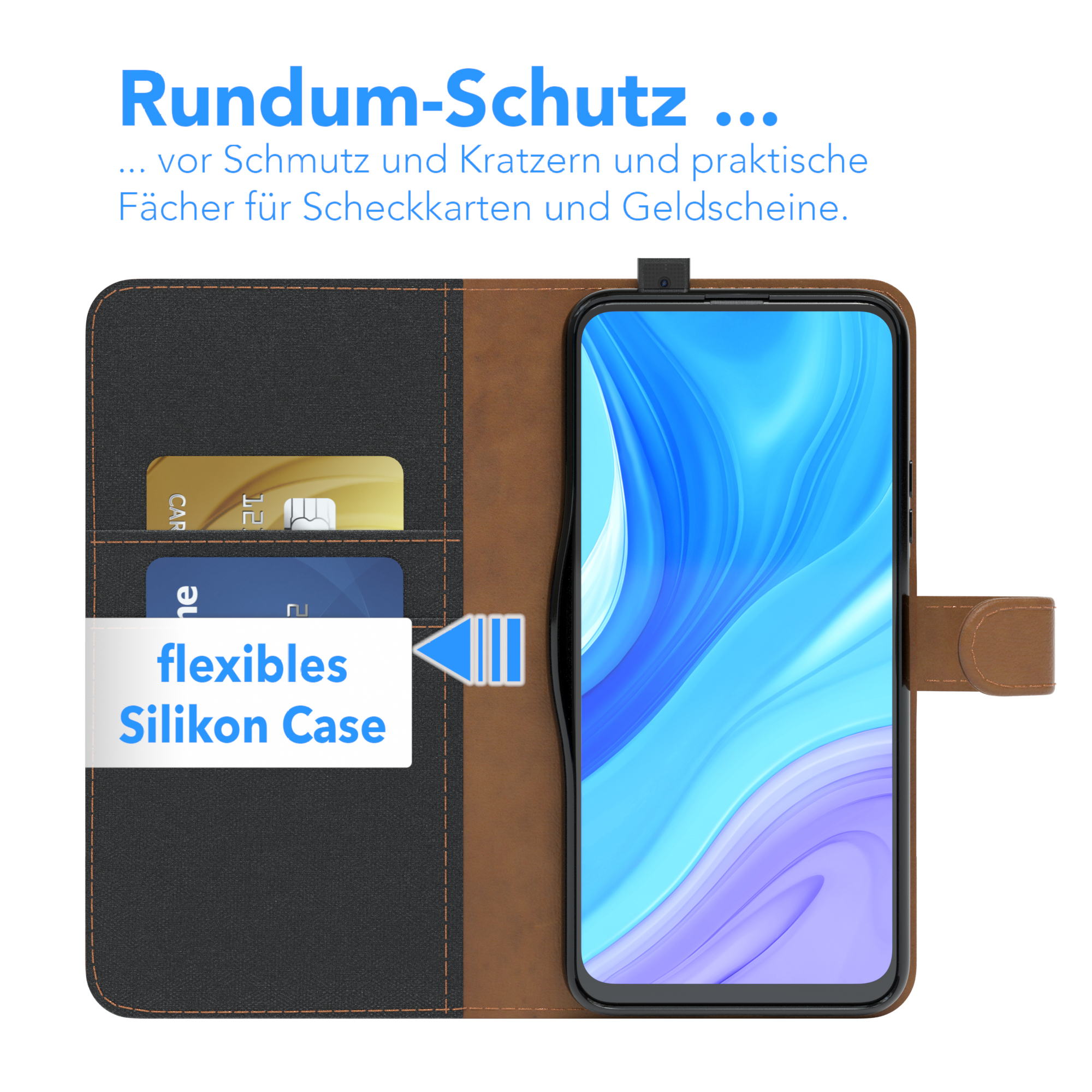 Eine Handyhülle ist geöffnet und zeigt Karten und ein Telefon. Braun und schwarzes Leder mit einem weißen Textfeld.