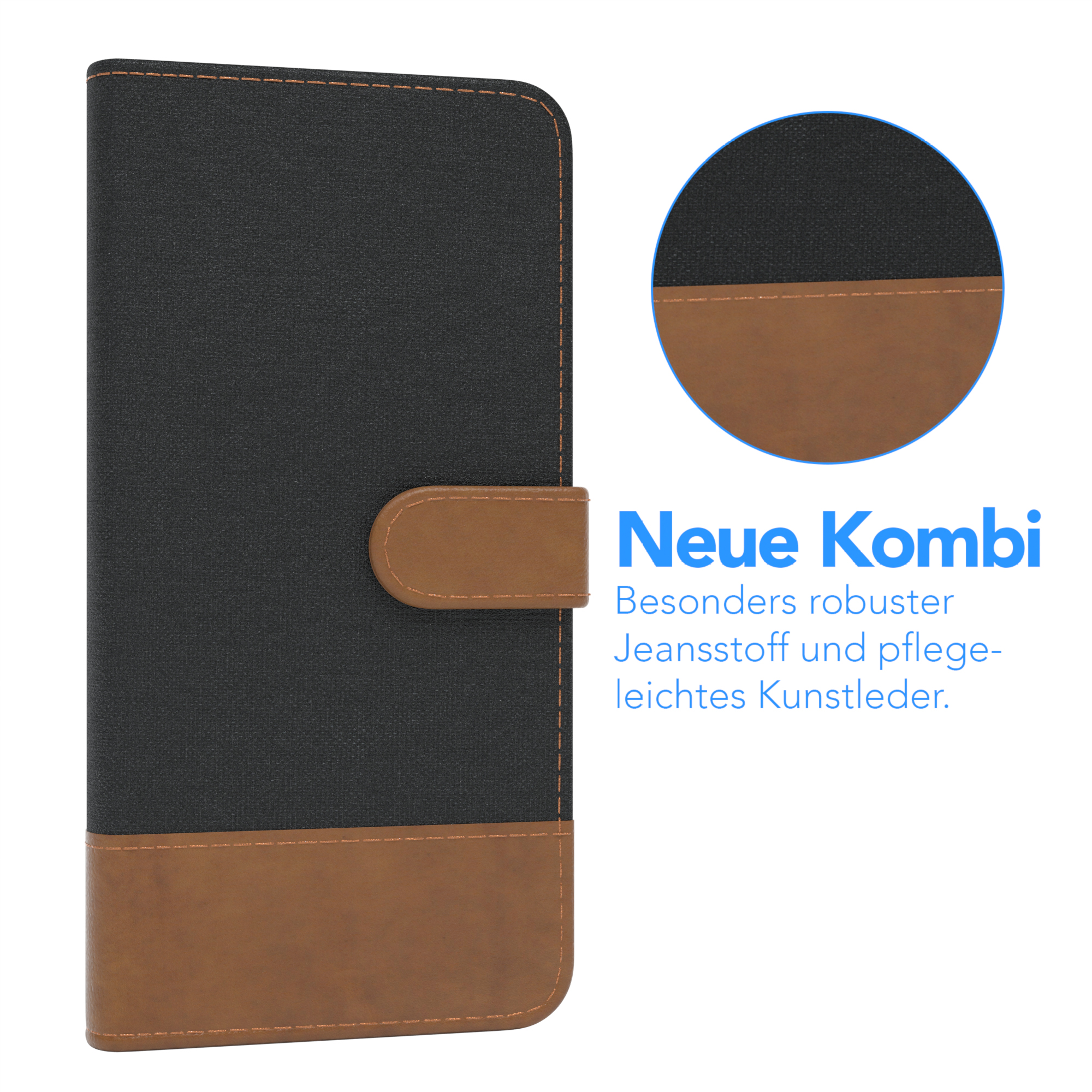 Schwarz-braune Handyhülle mit Knopfverschluss. Nahaufnahme zeigt die Textur.