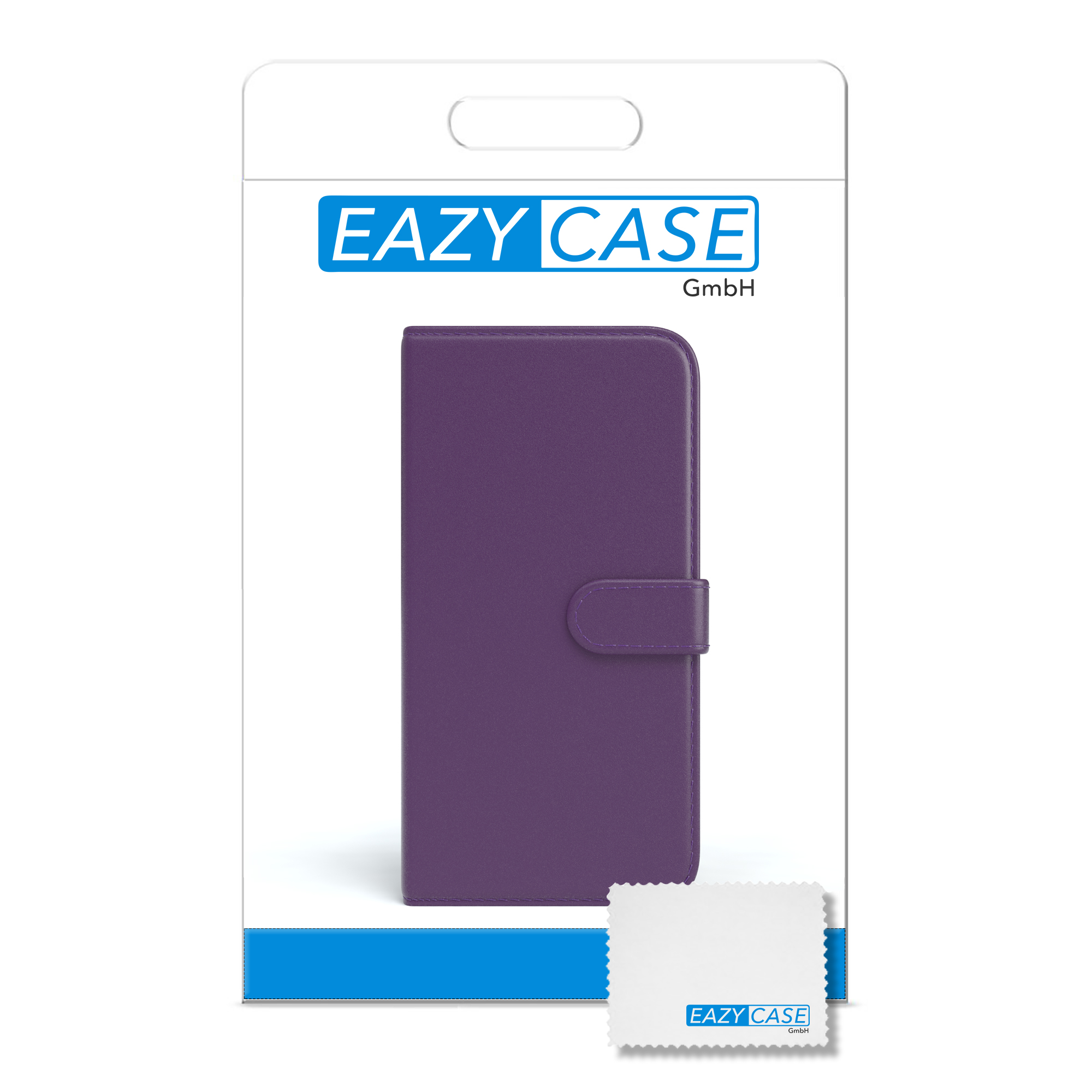 Violette Handyhülle in Verpackung mit Reinigungstuch und Eazy Case Logo.