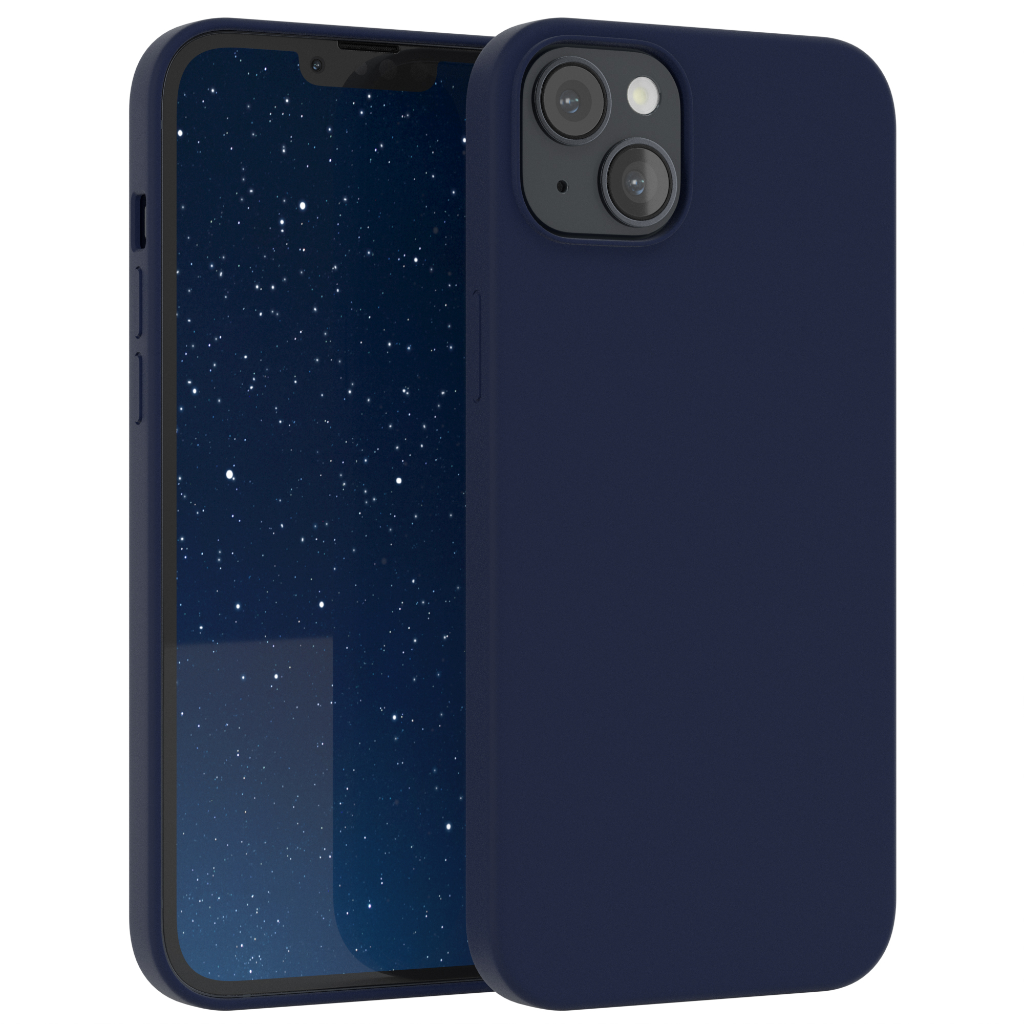 Dunkelblaue Handyhülle mit Telefon, das einen Sternenhimmel im Hintergrund zeigt.