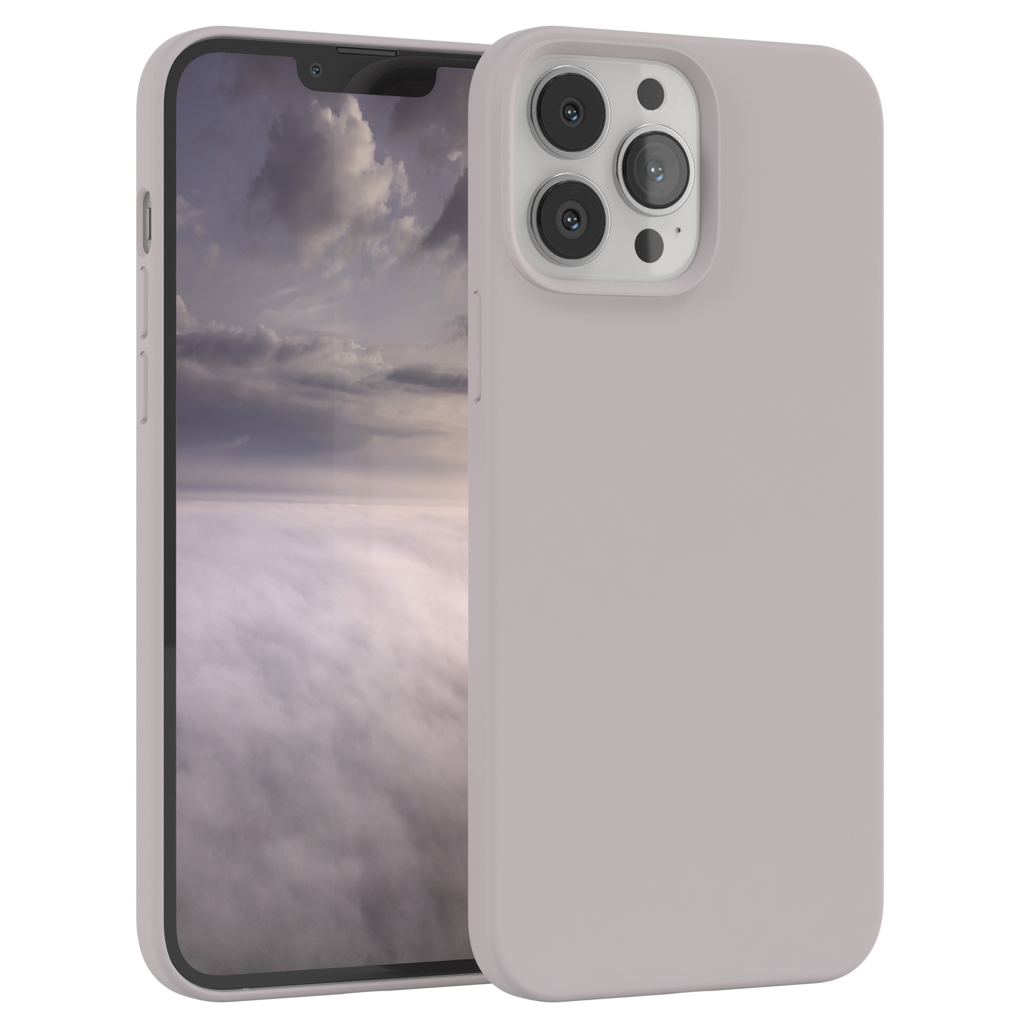 Hellviolette Handyhülle mit Telefon, das eine Wolkenlandschaft zeigt. Weißer Hintergrund.