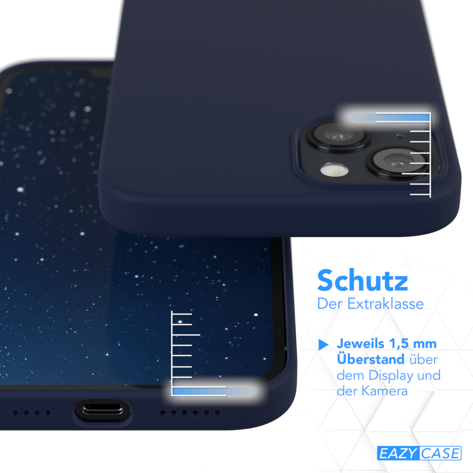 Eine marineblaue Handyhülle mit einem Telefon darin. Das Telefon zeigt einen Sternenhimmel. Der Text lautet 'Der Extraklasse'.