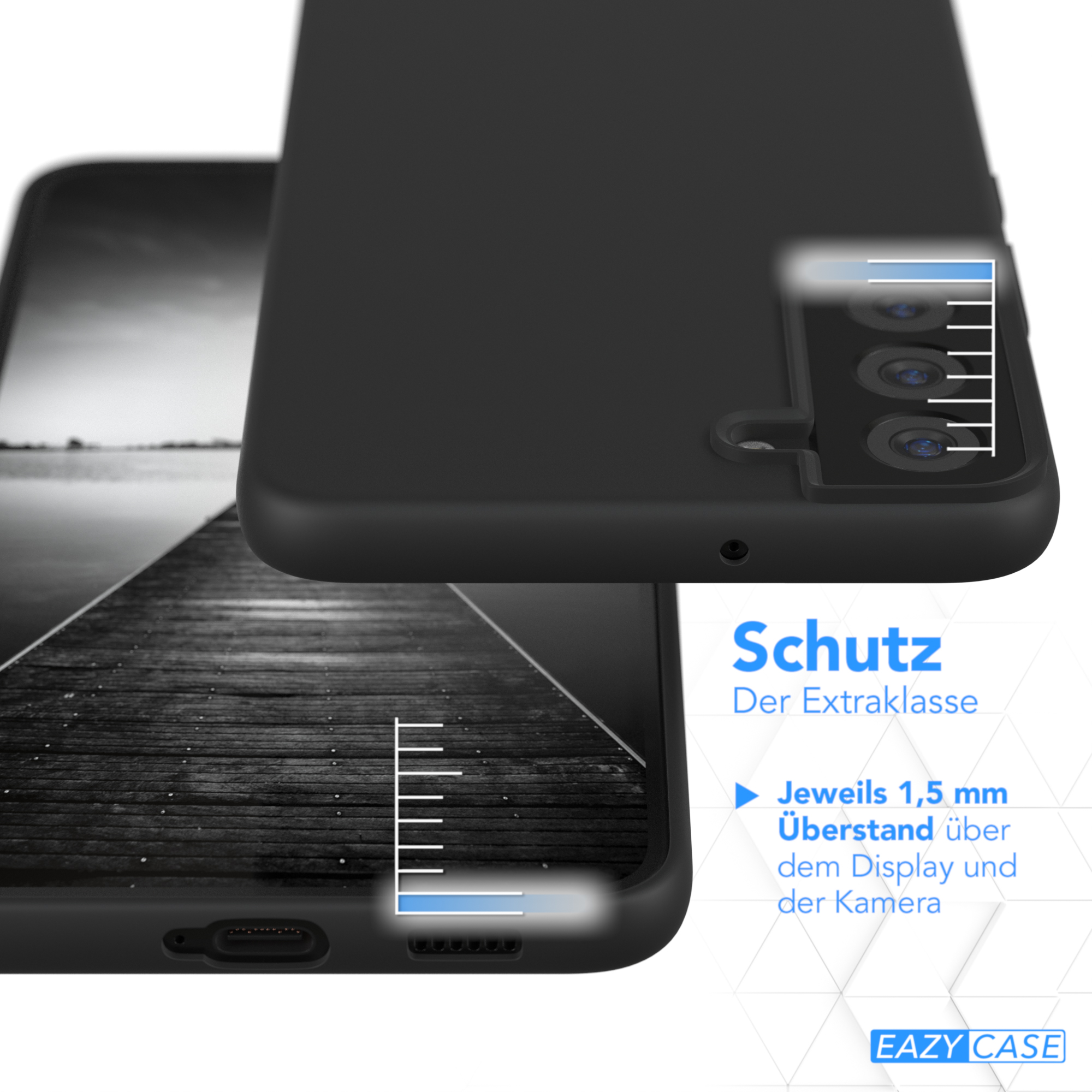 Eine schwarze Handyhülle. Die Unterseite zeigt eine Messung von 1,5 mm Display- und Kameraschutz.