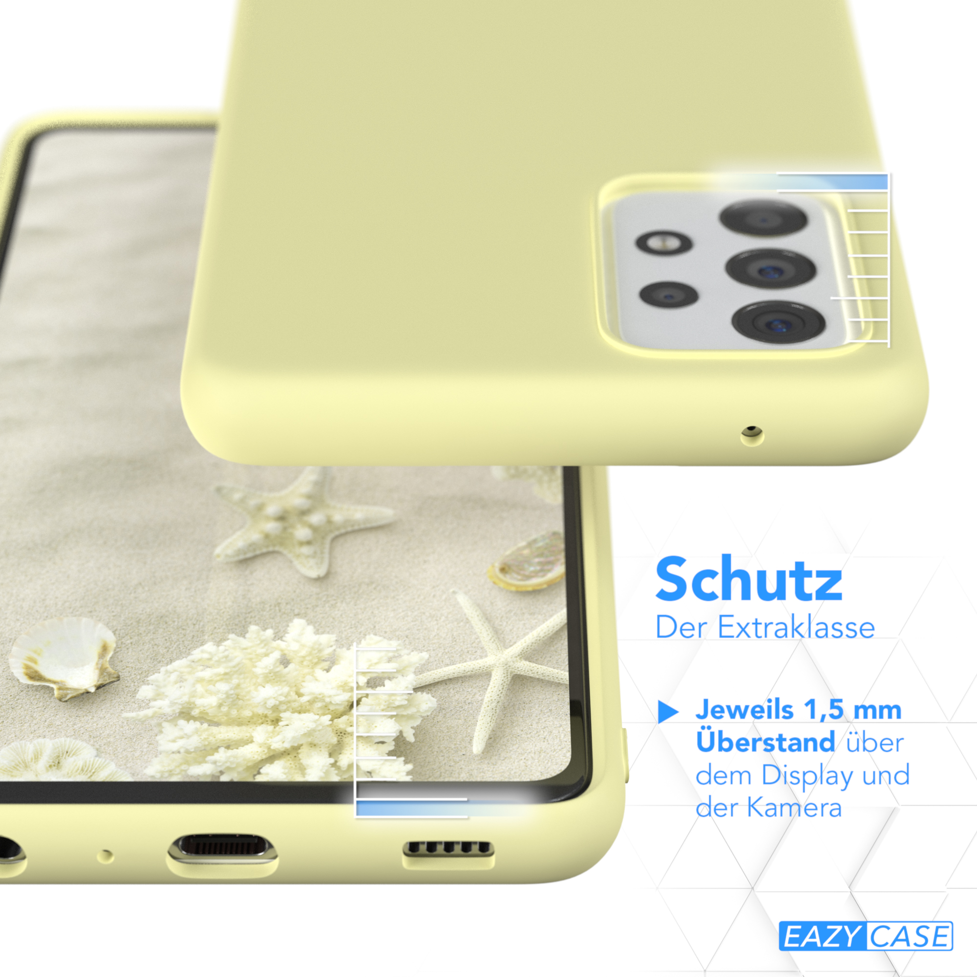 Gelbe Handyhülle auf einem Handy, Sandhintergrund mit Muscheln und Seesternen, Produktaufnahme.