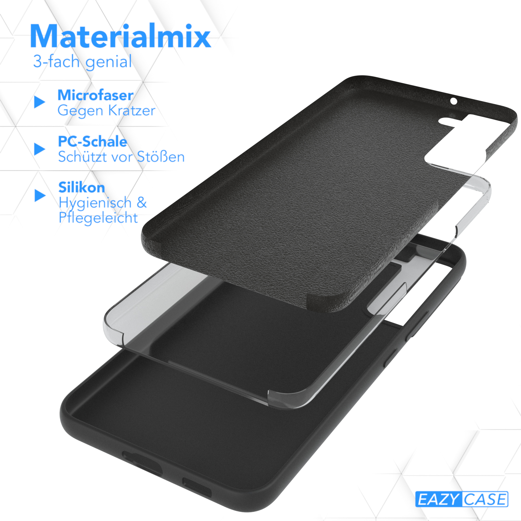 Handyhülle mit mehreren Schichten: Mikrofaser, PC-Schale und Silikon. Schwarz und transparent.