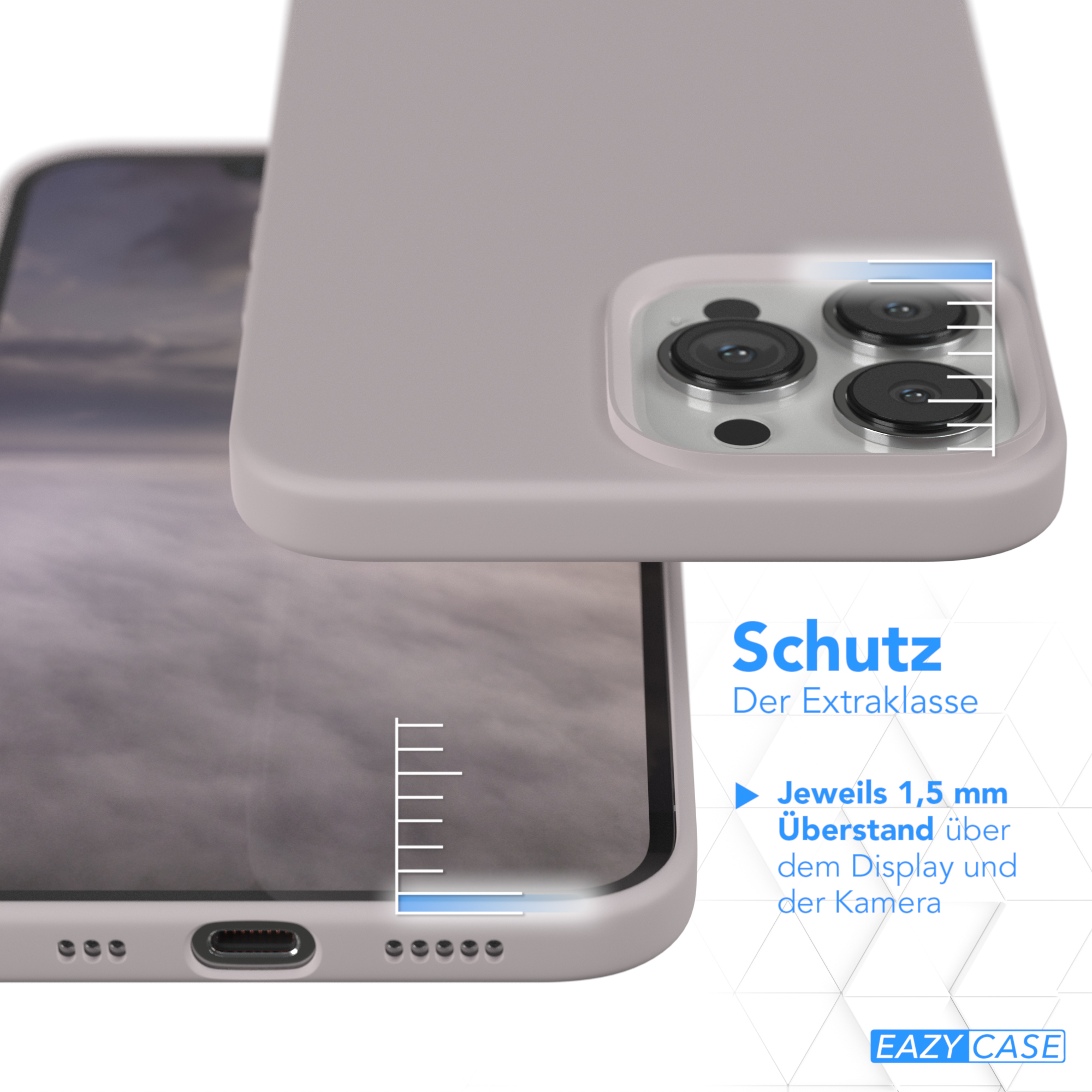Nahaufnahme einer Handyhülle auf einem Telefon. Zeigt den Schutz der Kamera und des Displays.