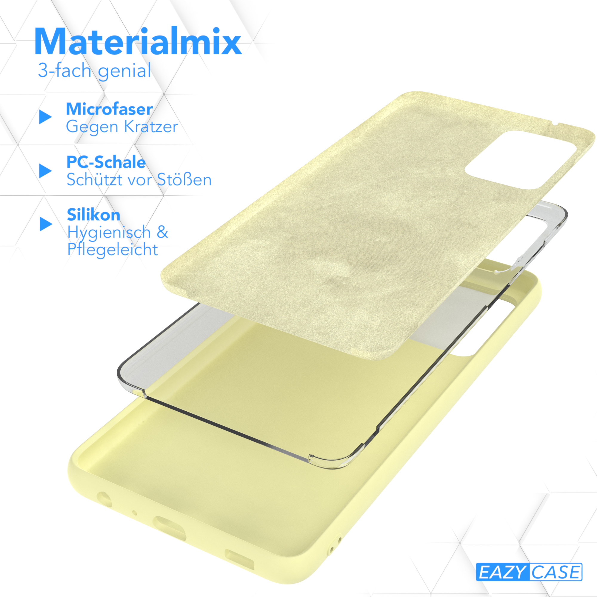 Handyhülle Explosionsansicht mit Schichten. Text: Materialmix. Mikrofaser, PC-Schale, Silikon.