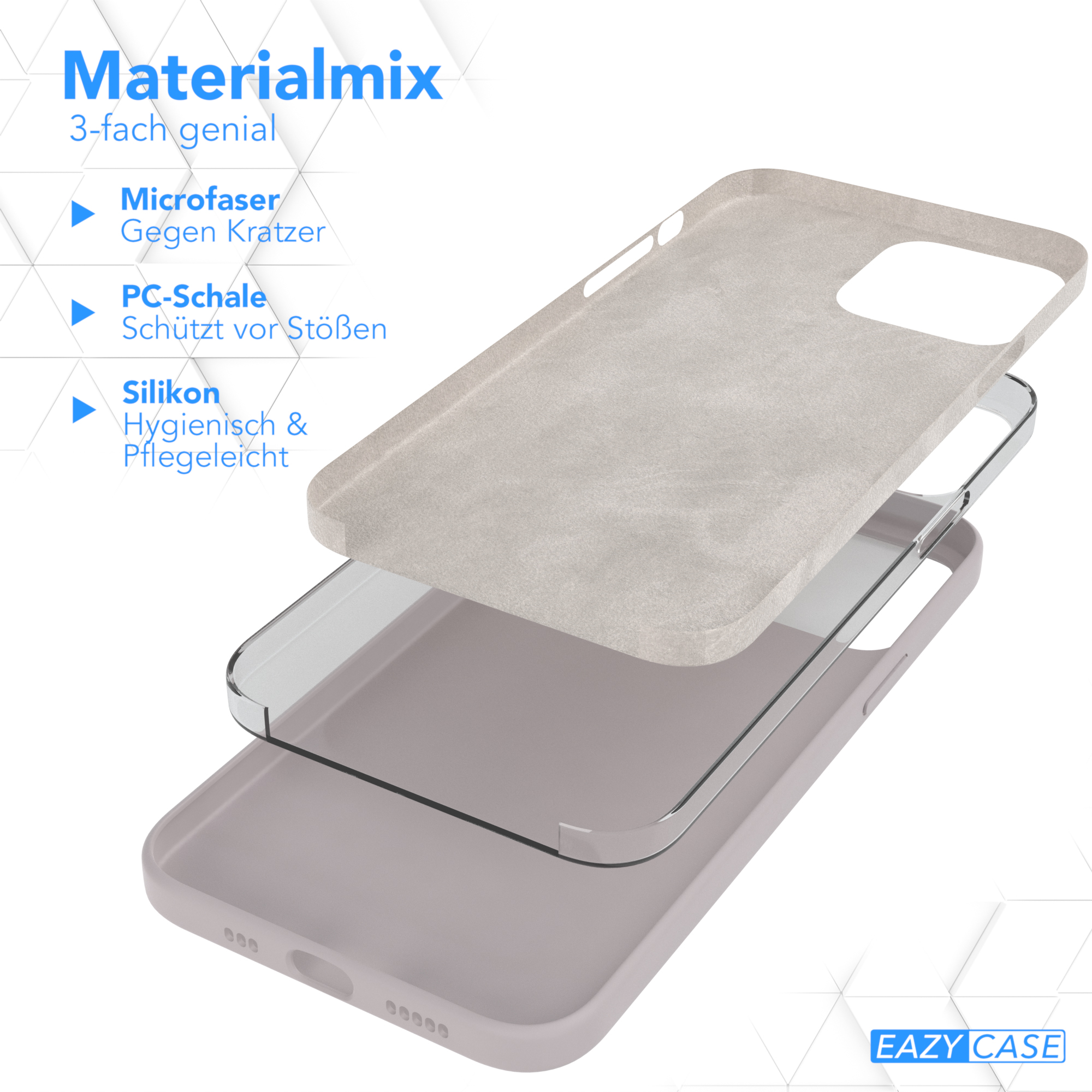 Handyhülle-Schichten: Mikrofaser, PC-Schale und Silikon. Text oben: Materialmix.
