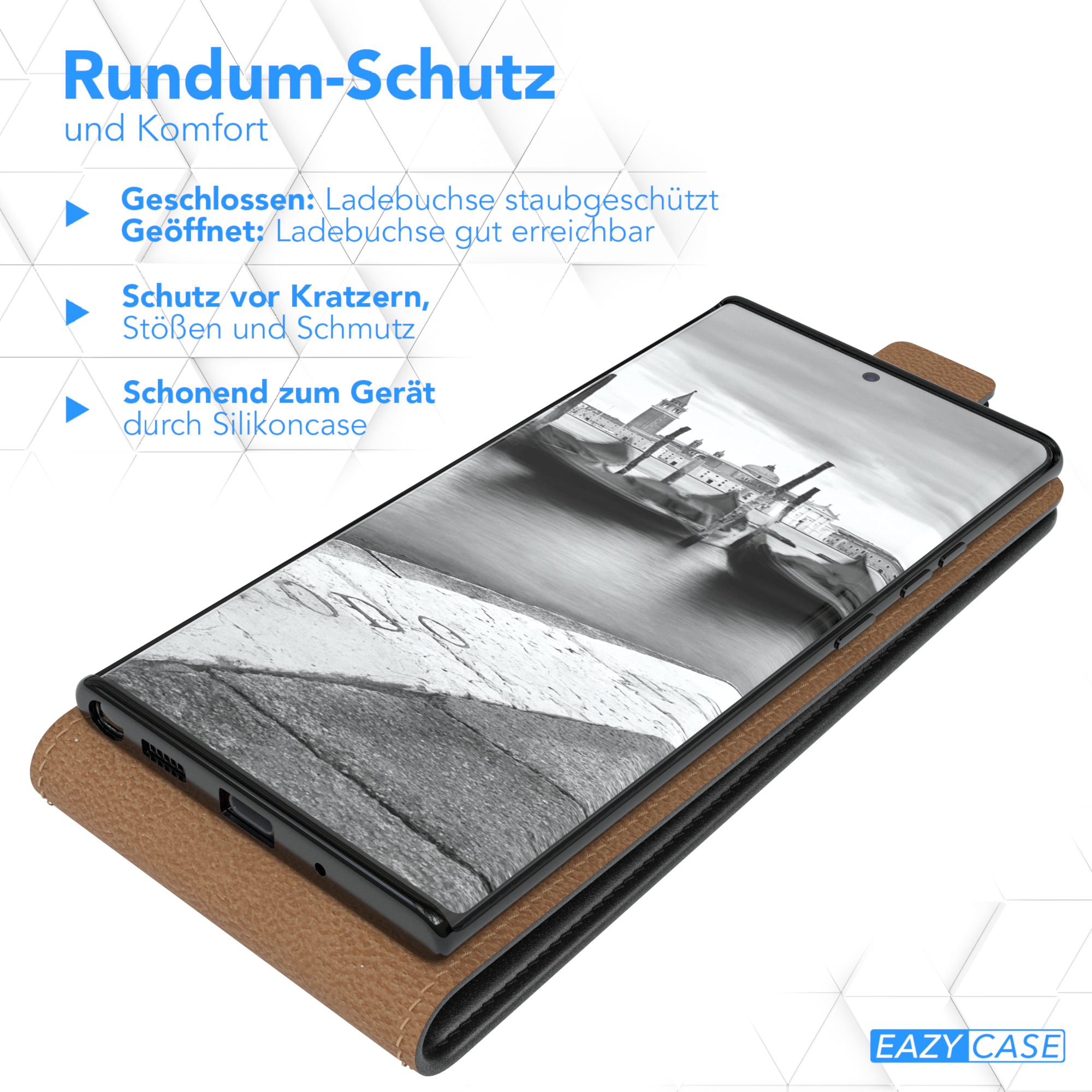 Telefon in einer braunen Hülle. Text über Schutz oben. Weißer Hintergrund.