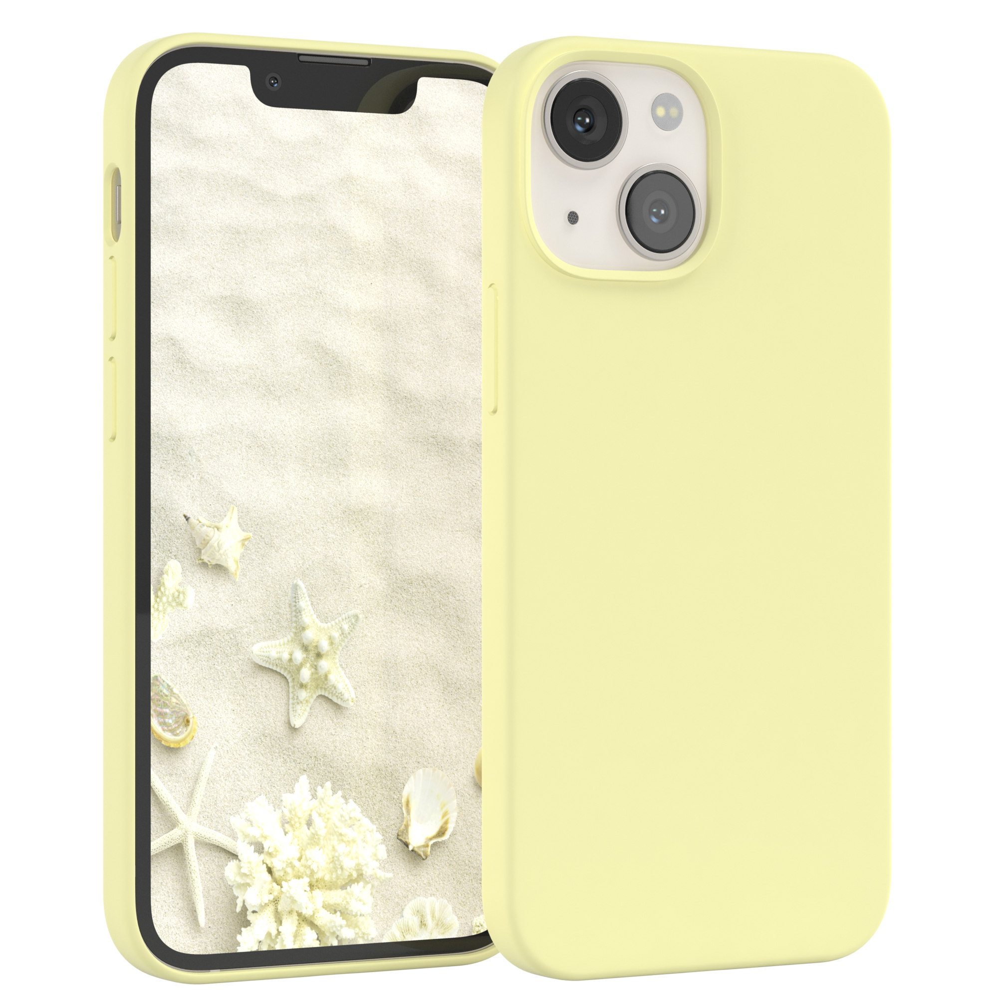 Gelbe Handyhülle mit Telefon. Strandszene auf dem Bildschirm. Weißer Hintergrund. Telefon sichtbar.
