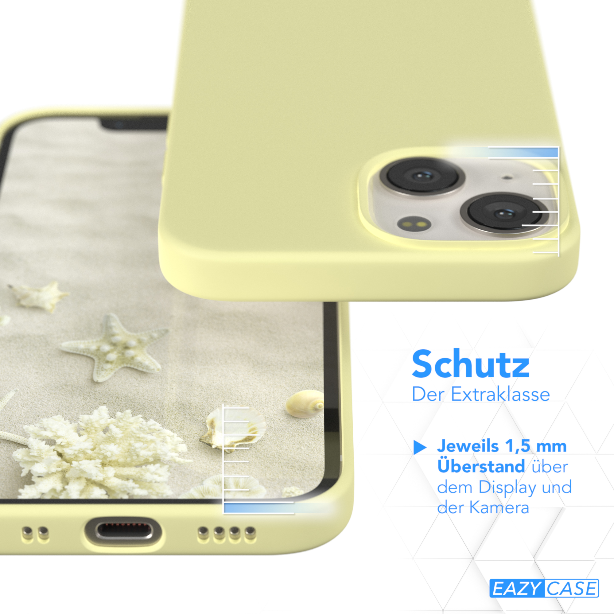 Gelbe Handyhülle auf Sand. Die Hülle ist offen. Text zeigt Schutzfunktionen an.