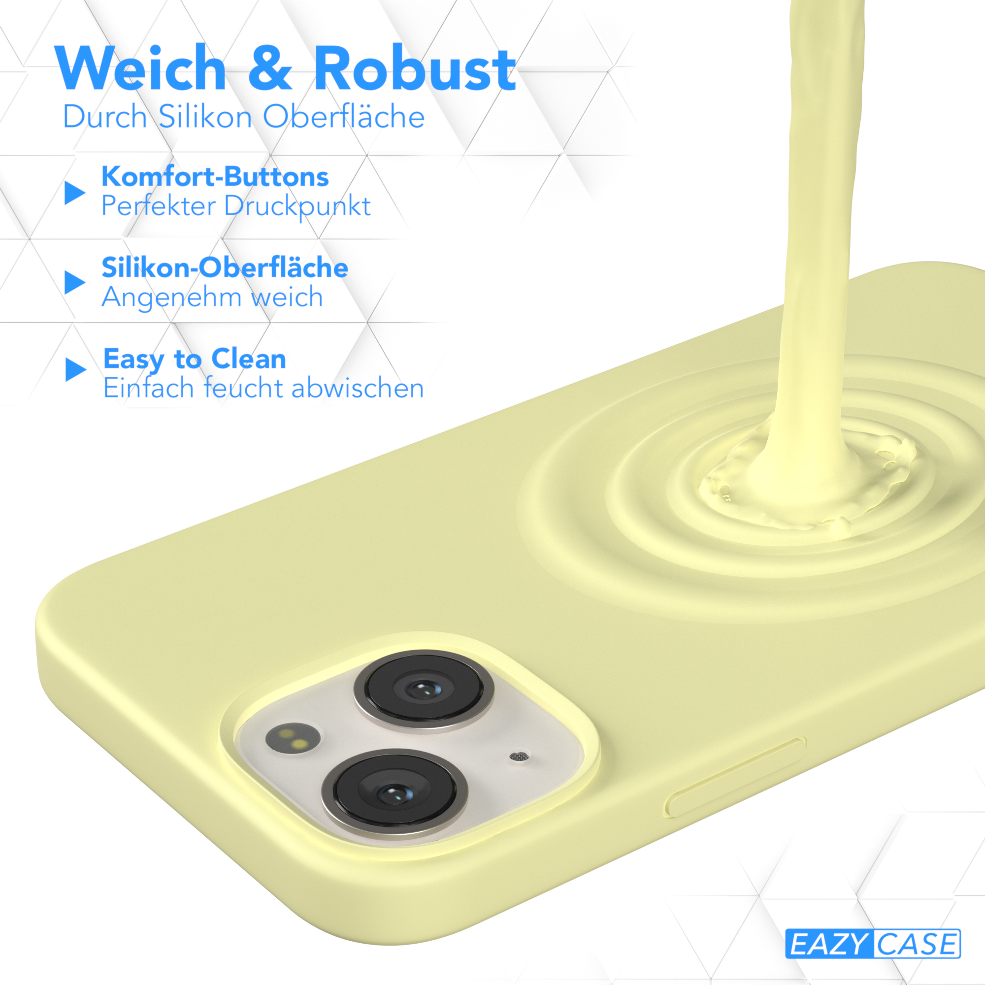 Eine gelbe Handyhülle mit gelber Flüssigkeit, die darüber gegossen wird. Text zeigt 'Weich & Robust' und 'Easy to Clean'.