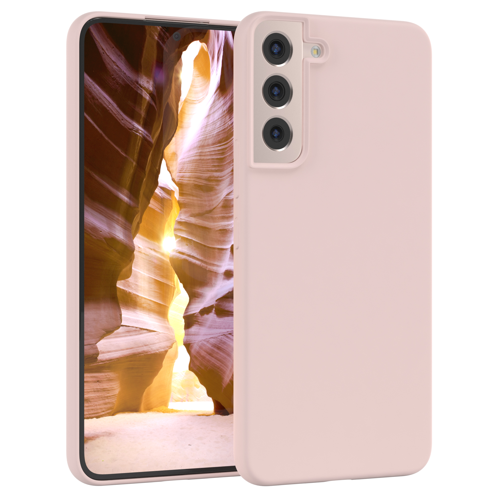 Rosa Handyhülle mit Telefon, das eine Canyonlandschaft zeigt. Weißer Hintergrund.