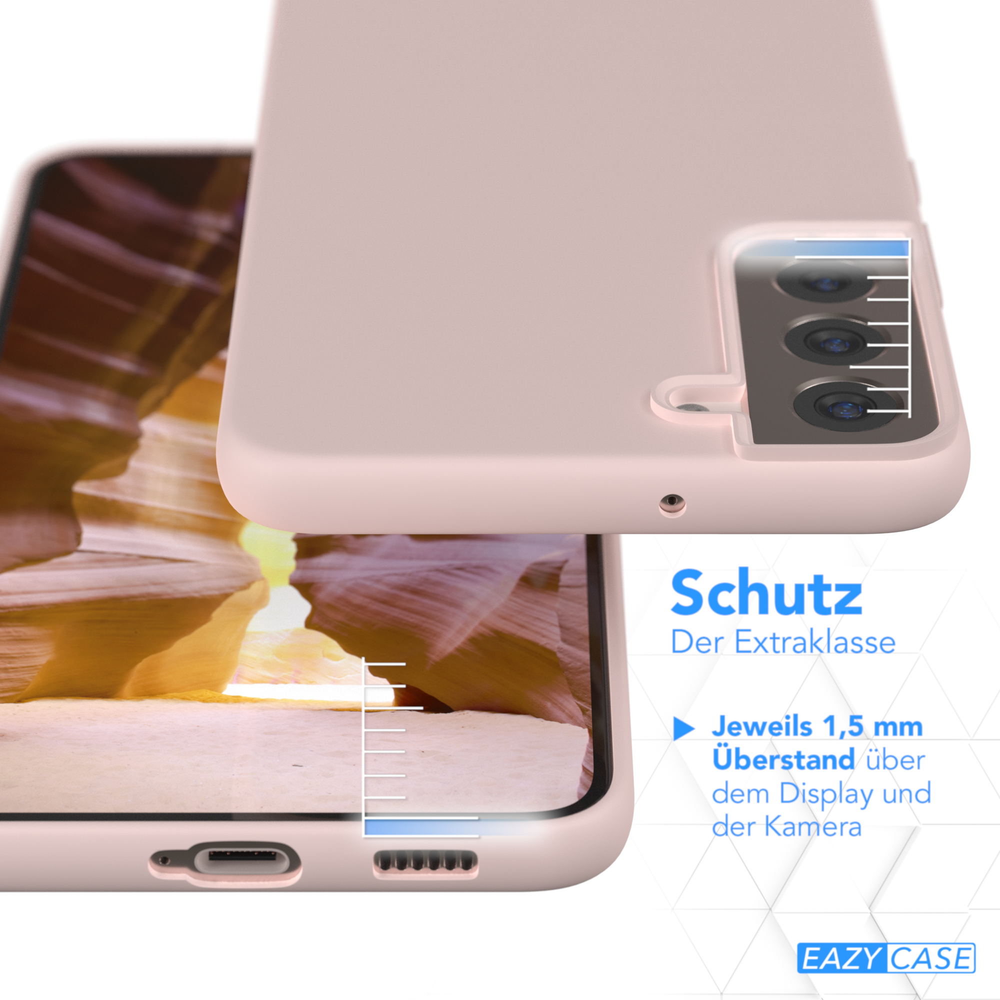 Zwei rosa Telefone, eines mit Kantenschutz. Das andere zeigt das Display.