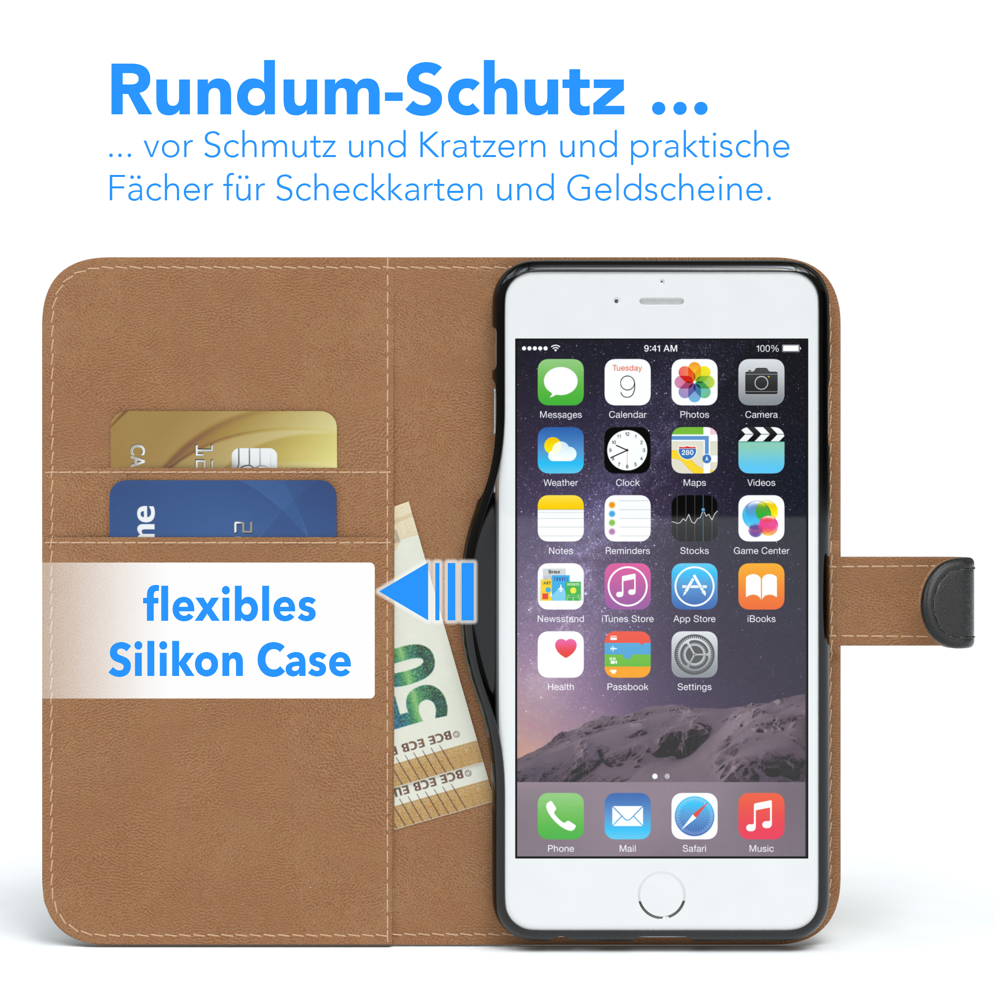 Telefon in brauner Hülle mit Kartenfächern. Text: Rundum-Schutz. Im Inneren der Hülle sind Karten und Geld sichtbar.