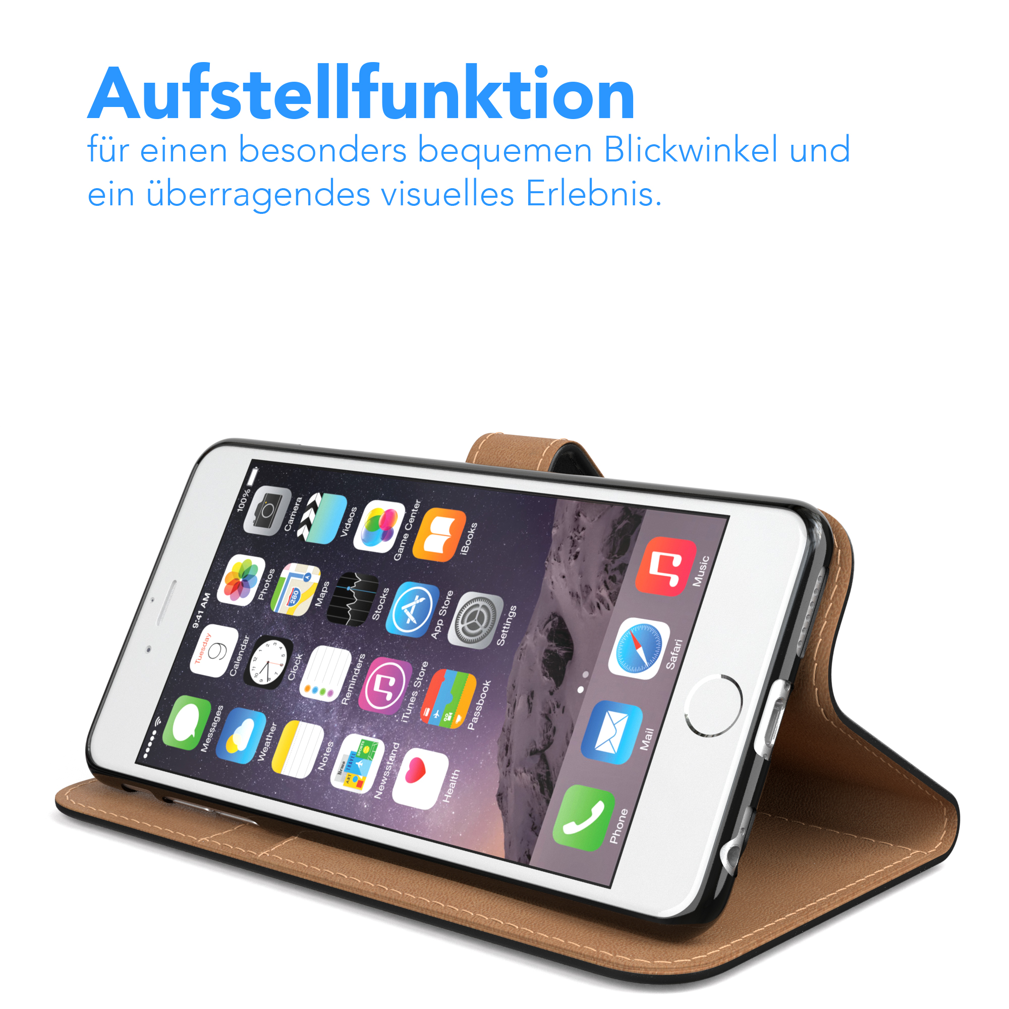 Ein Telefon in brauner Hülle ist angewinkelt. Der Bildschirm zeigt App-Oberfläche. Text: Standfunktion.
