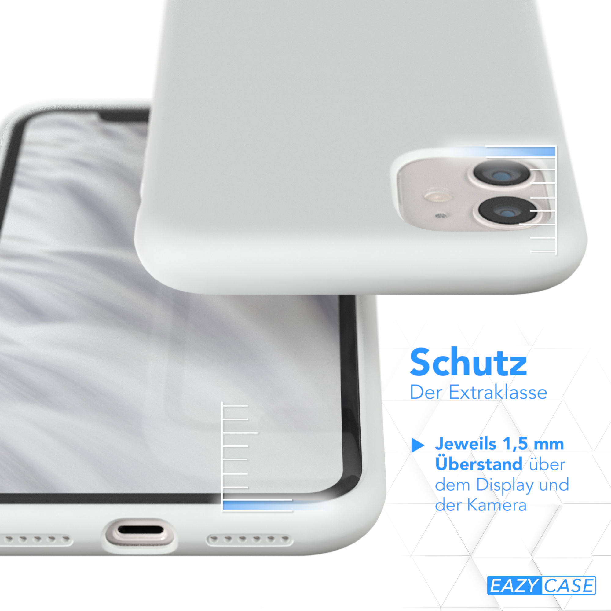 Eine weiße Handyhülle und ein Telefon, die Hülle befindet sich über dem Telefon. Es gibt eine Schutzbeschreibung.