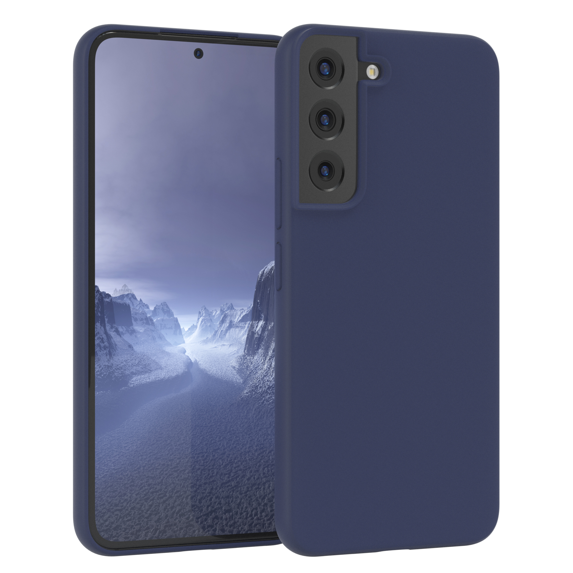 Marineblaues Telefon mit Hülle, Berge im Hintergrund.
