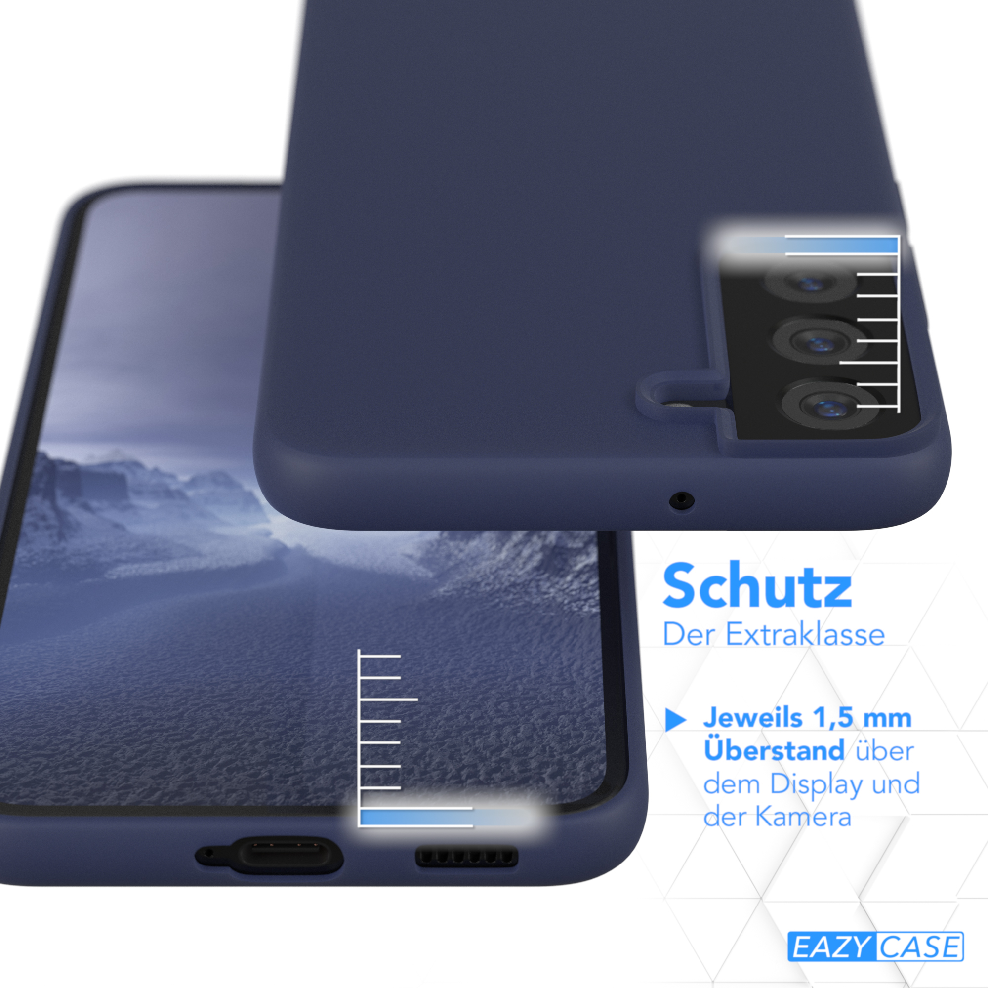 Dunkelblaue Handyhülle neben einem Telefon. Nahaufnahme der Telefonkamera und des Bildschirms.