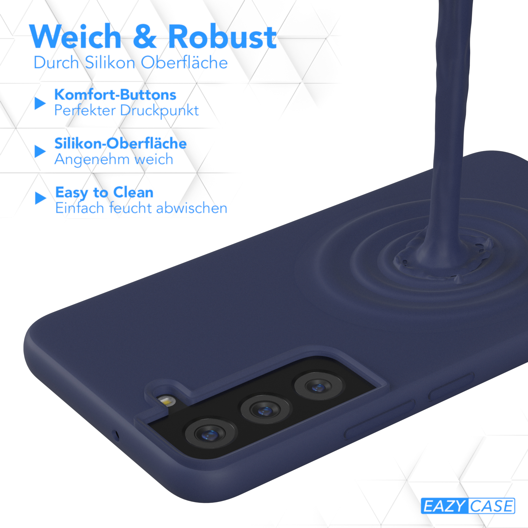 Dunkelblaue Handyhülle mit Telefon darin. Text auf Deutsch. Weißer Hintergrund.