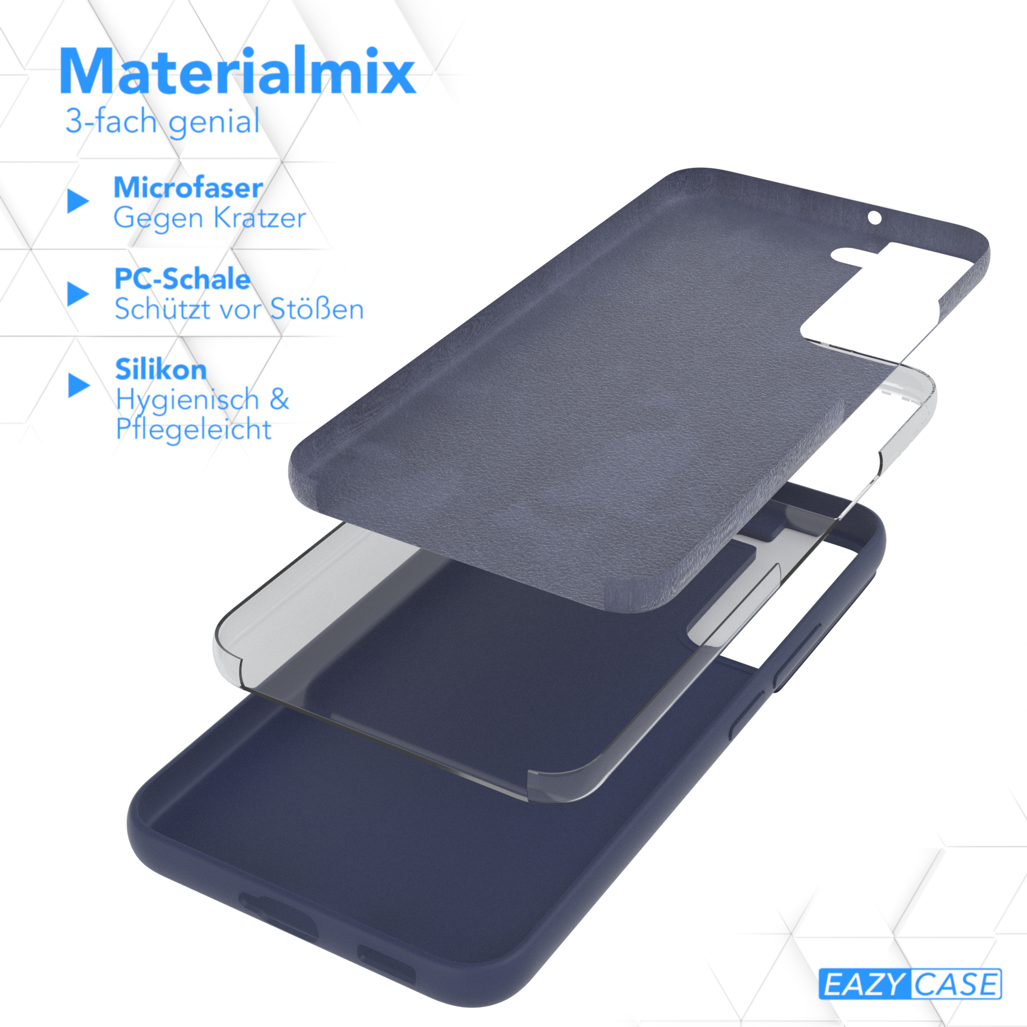 Blaue Handyhülle mit drei Schichten: Mikrofaser, PC-Schale und Silikon. Es ist ein Materialmix.