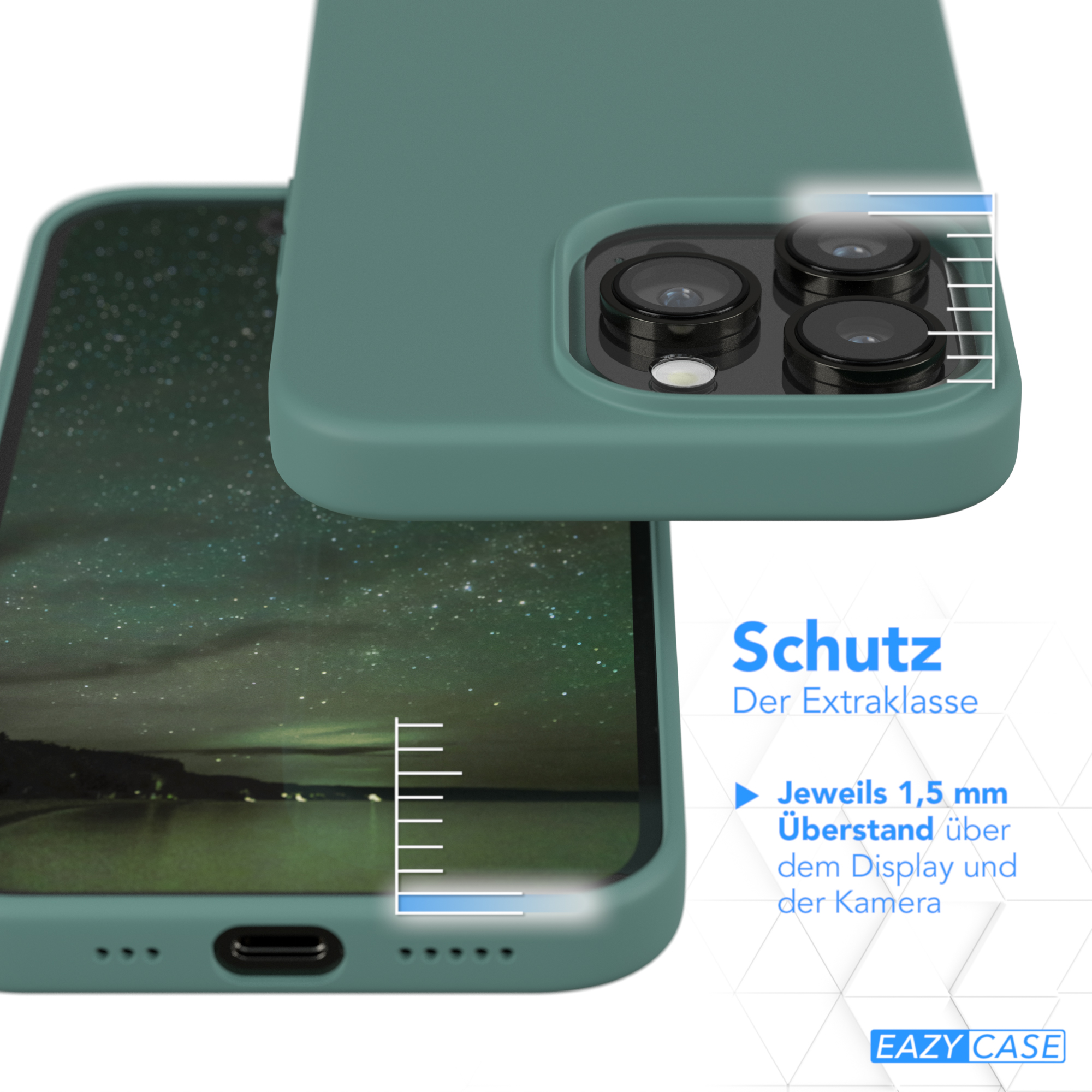 Eine grüne Handyhülle auf einem Telefon. Der Text beschreibt die Schutzfunktionen der Hülle.
